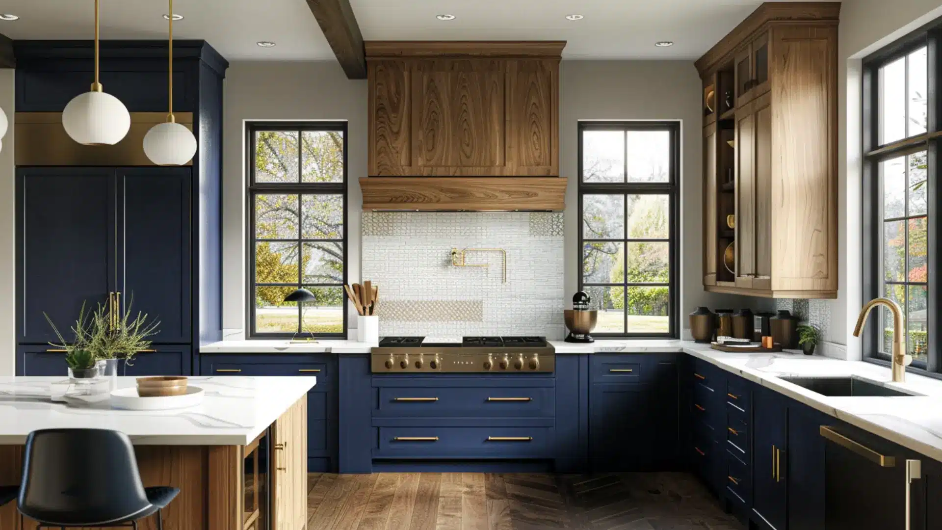 Moody navy lower cabinets warm wood or off-white upper cabinets brushed gold hardware white quartz bright kitchen