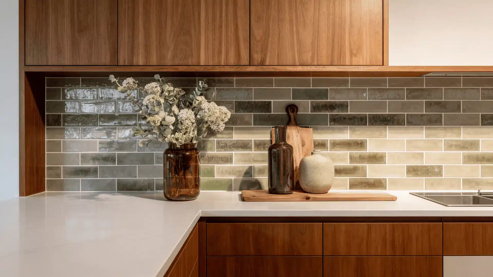 mid century modern kitchen muted earth tone backsplash clay tiles warm wood cabinets and minimal decor