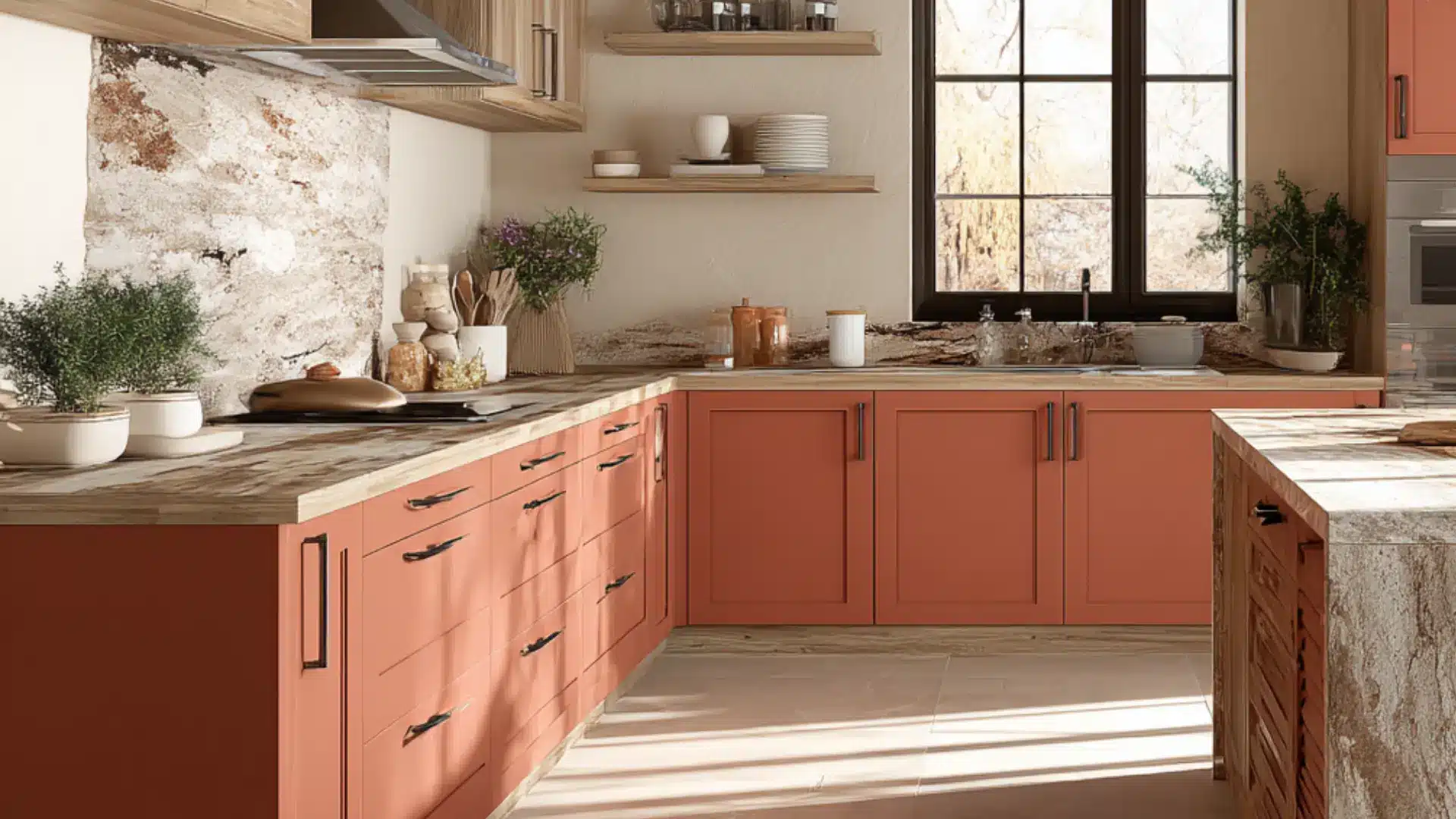 Muted terracotta lower cabinets natural stone countertops cream walls warm metal hardware bright rustic kitchen interior