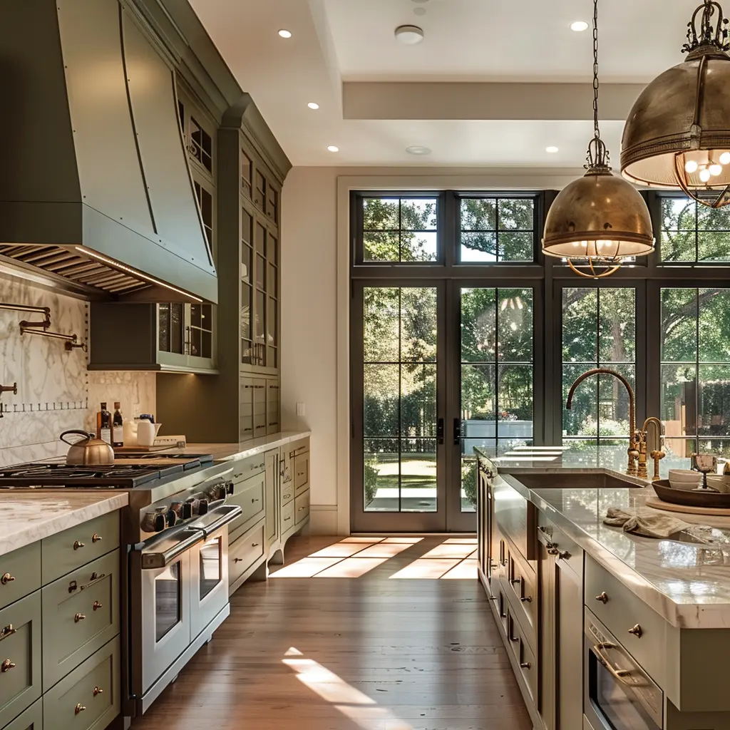 Earthy olive green matte cabinets with warm wood shelves cream countertops natural sunlight bright modern kitchen
