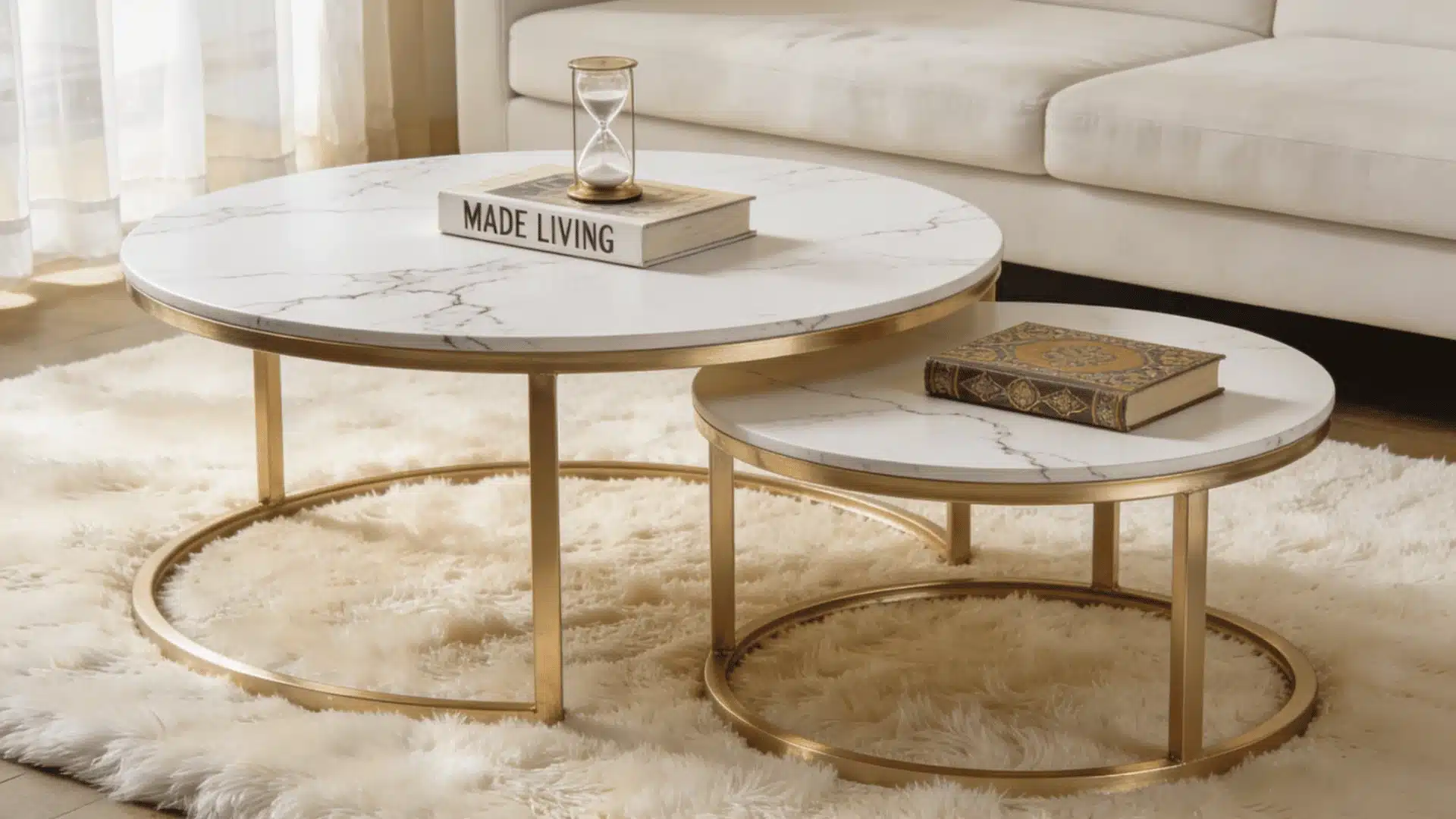 Two nested round coffee tables with white marble tops and gold frames
