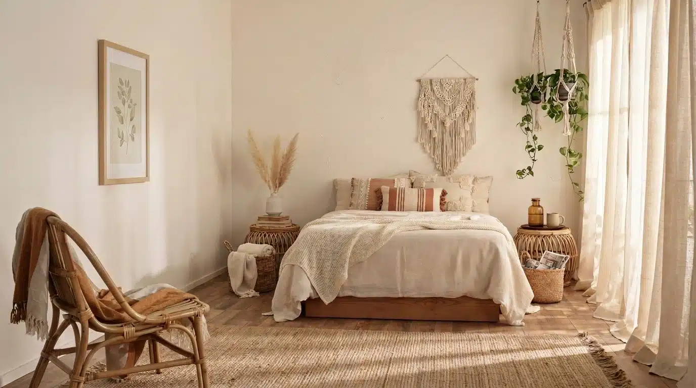 A cozy bedroom featuring a neatly made bed, a comfortable chair, and a soft rug on the floor.