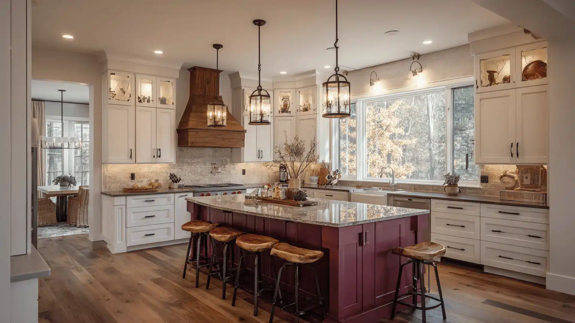 mid century modern kitchen neutral white cabinets bold rust accent bar stools and warm wood shelving