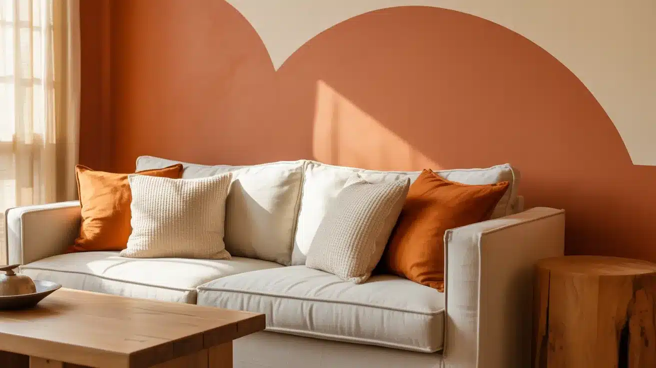 Neutral white sofa accented with burnt orange and textured cream pillows sits against an accent wall featuring a large terracotta and cream curved design