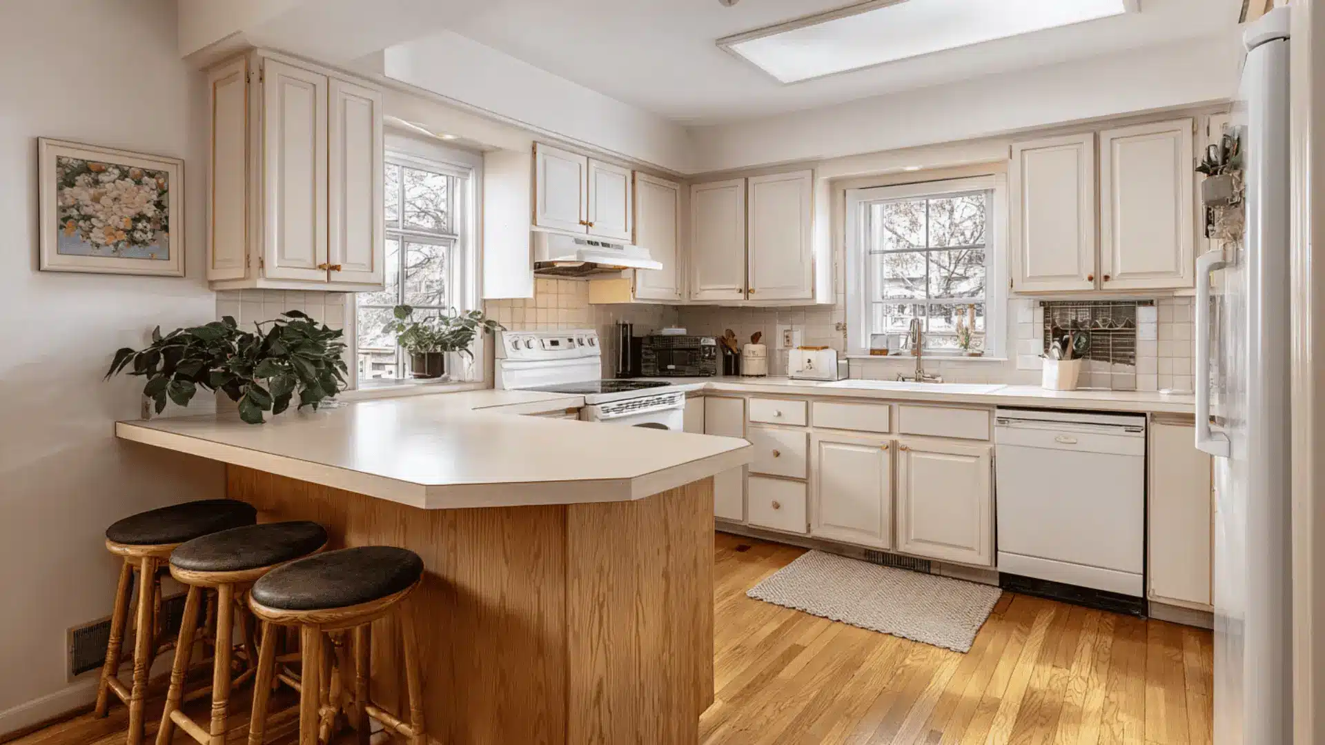 u shaped kitchen white cabinets breakfast counter bar stools wood flooring and dual windows
