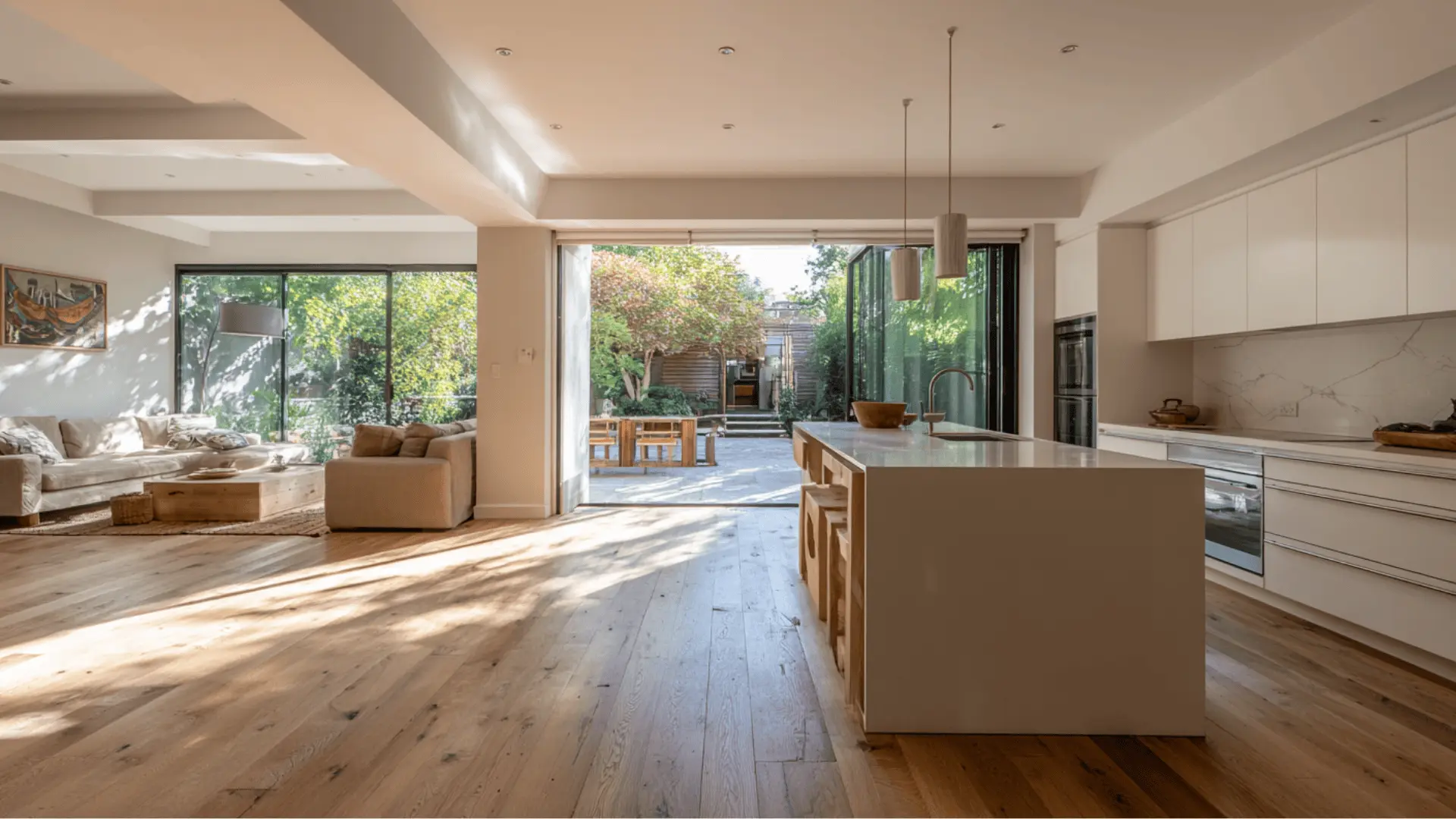 mid century modern open plan kitchen consistent wood finishes no upper cabinets and connected living space
