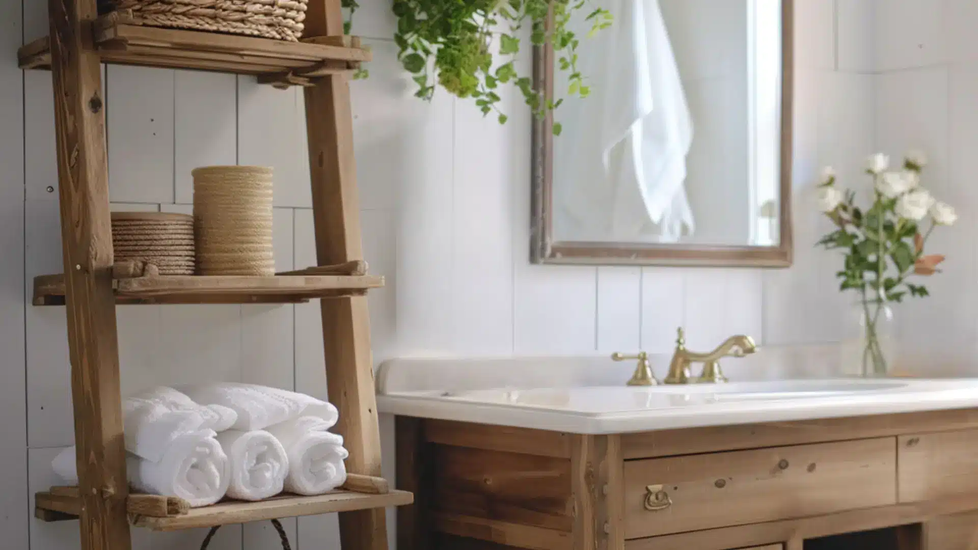Bathroom with wooden ladder shelf storage and cozy farmhouse styling