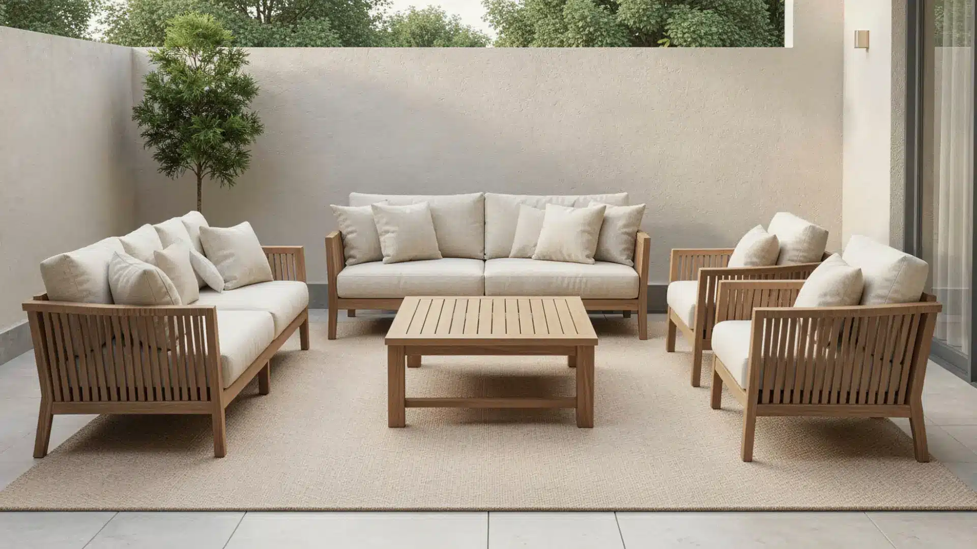 Modern outdoor living room furniture set with cushions and wooden frames on a neutral rug