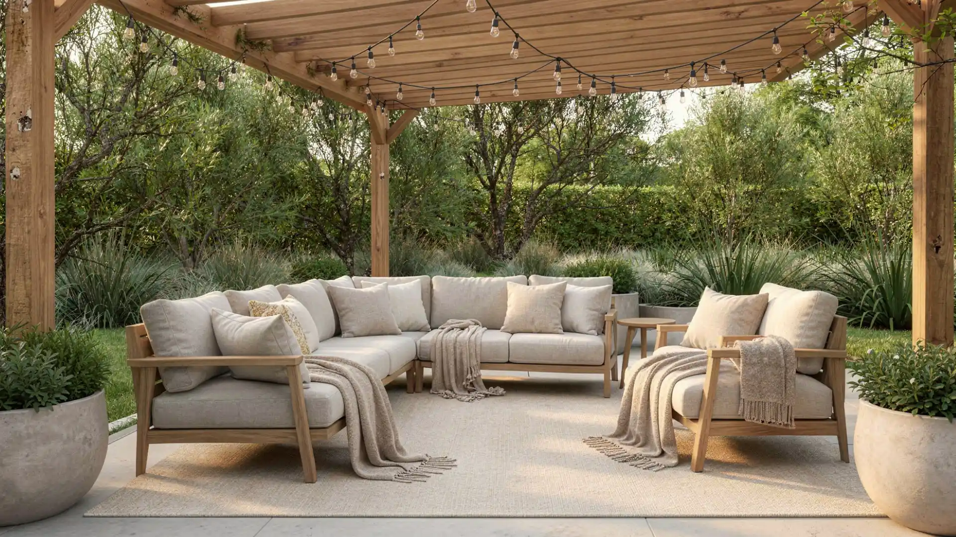 An outdoor patio with a sectional sofa, armchair, and string lights under a wooden pergola