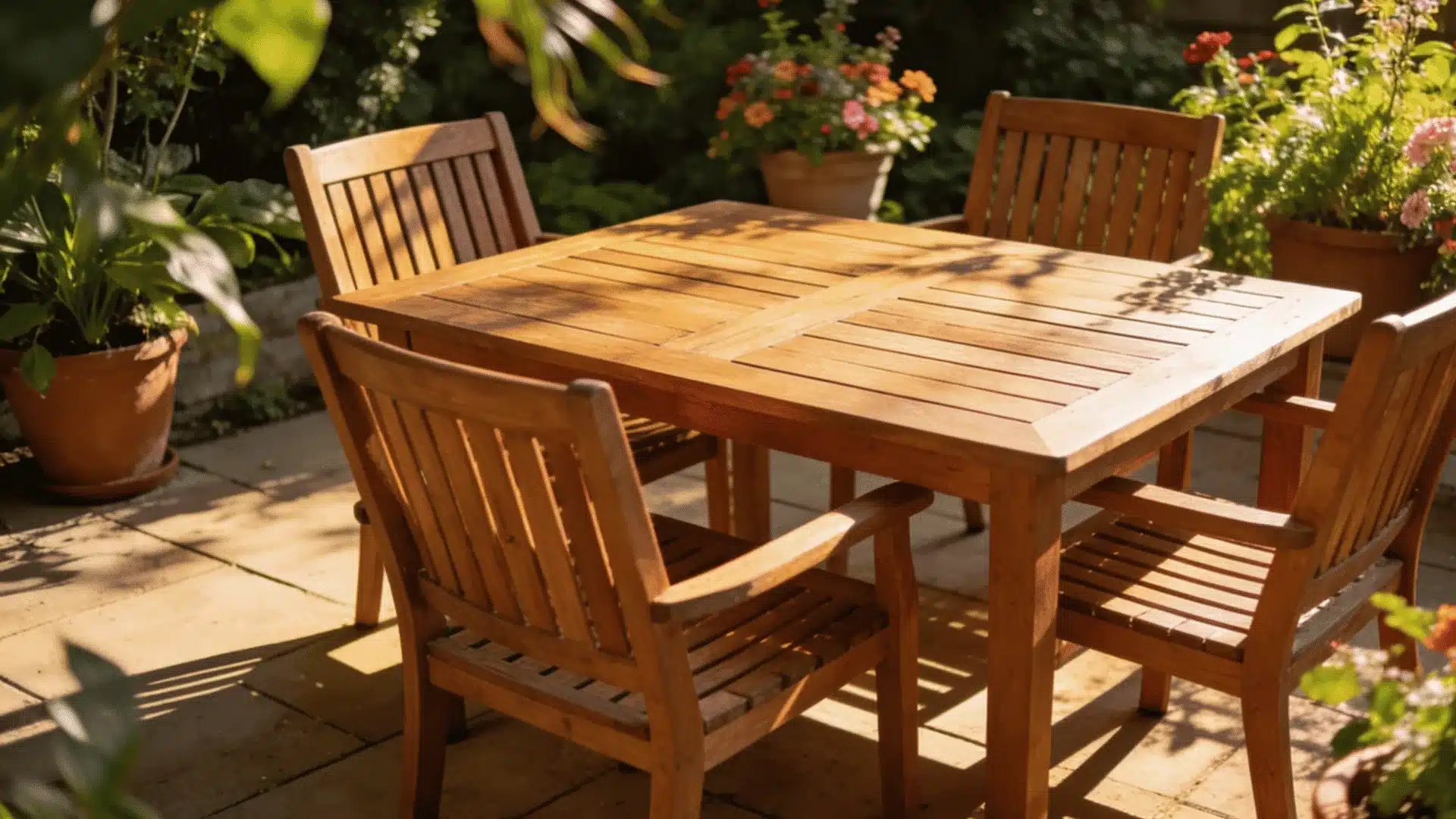 Wooden patio dining table and four chairs set outdoors surrounded by plants