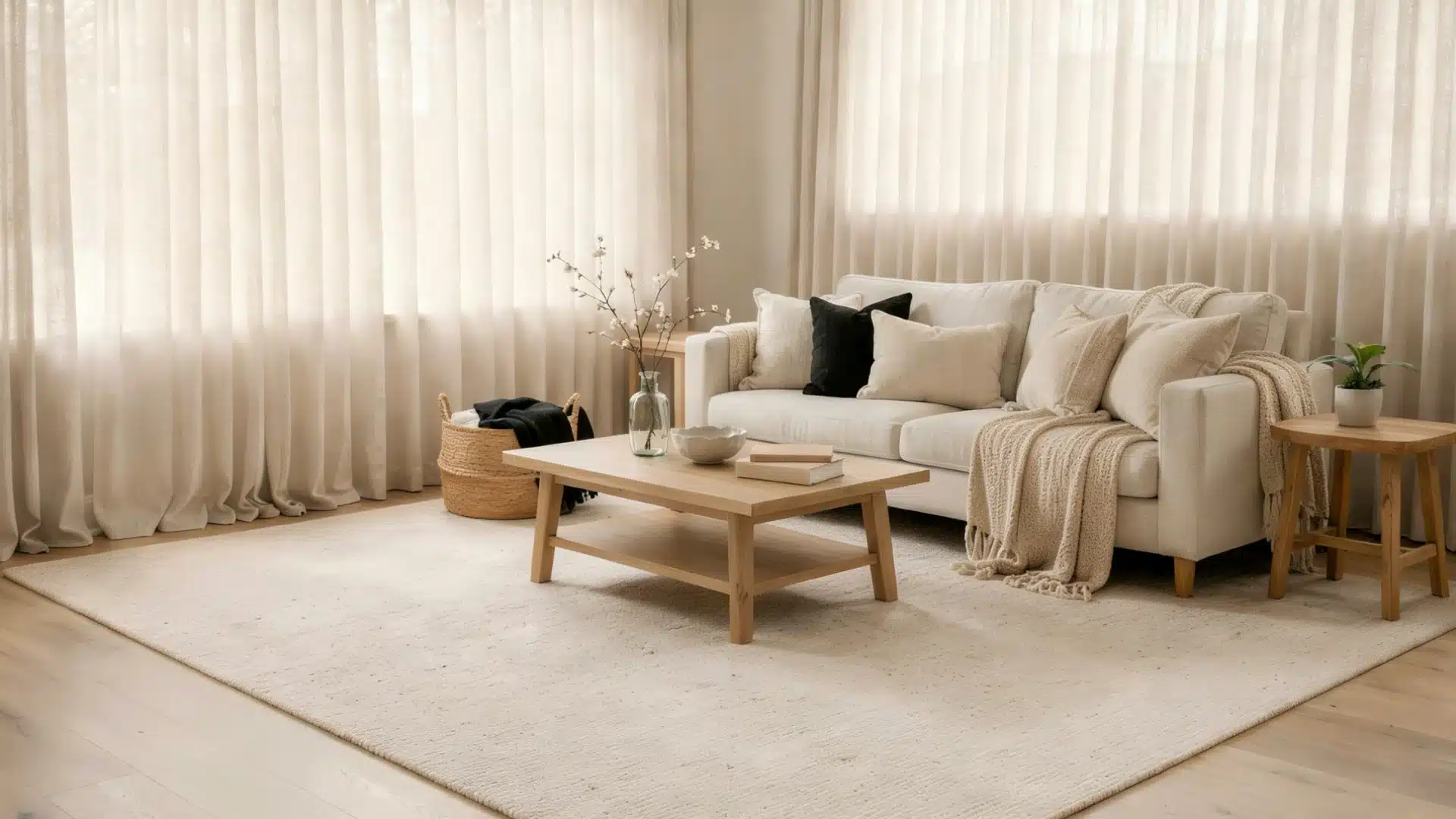 McGee style living room featuring a cream sofa with neutral pillows, a knit throw, and an oversized rug