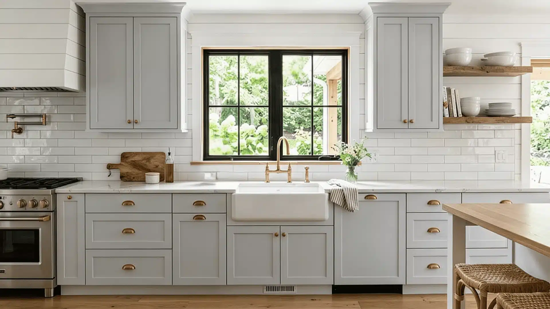 A modern kitchen featuring white painted cabinets and warm wooden floors, creating a bright and inviting atmosphere
