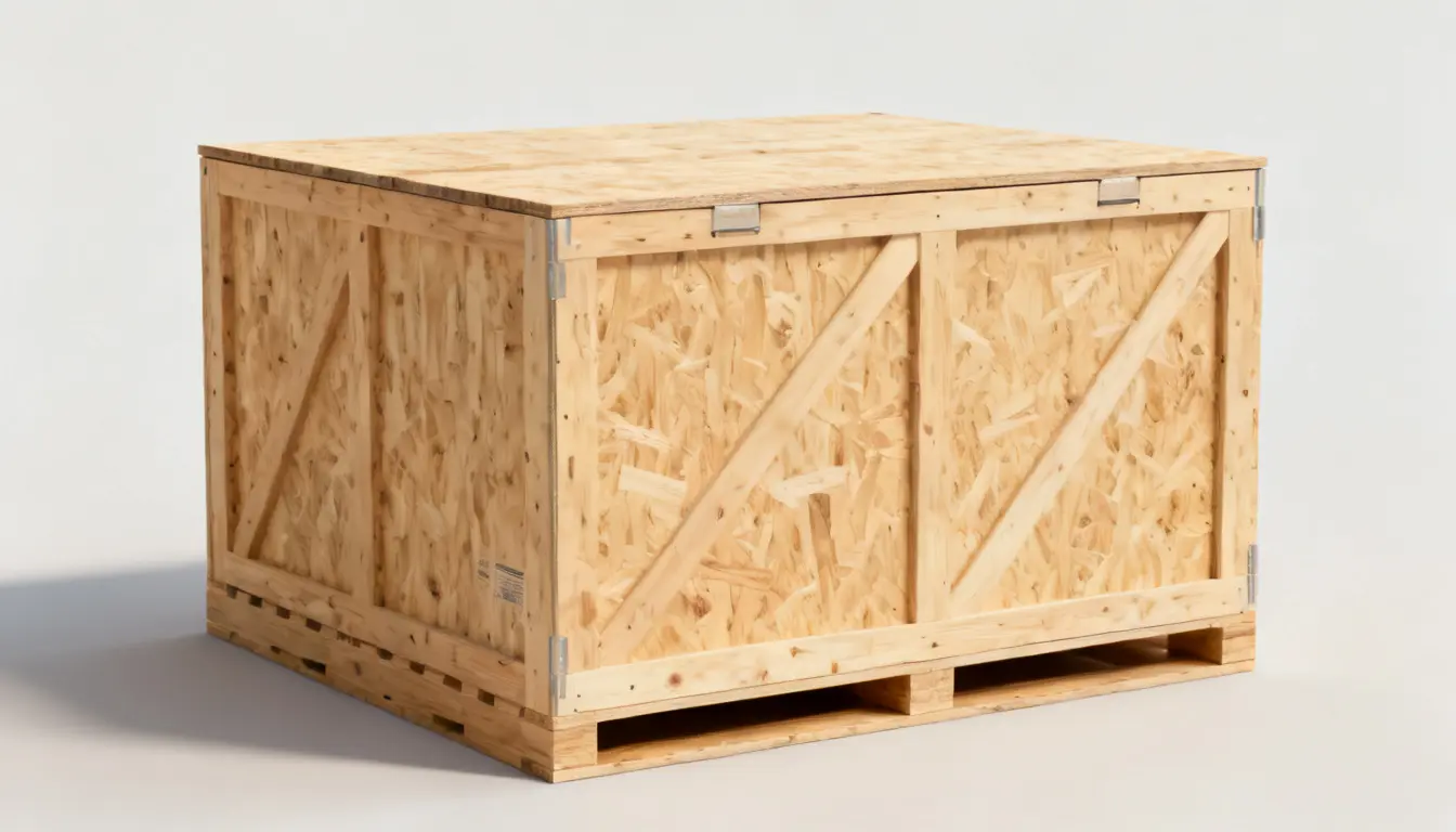 Wooden shipping crate with reinforced panels sits on a pallet.