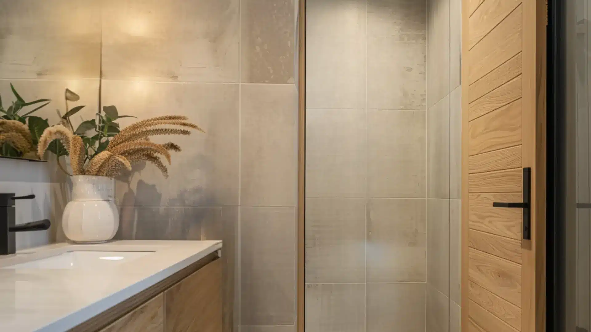 Compact bathroom with sliding pocket door and modern floating vanity