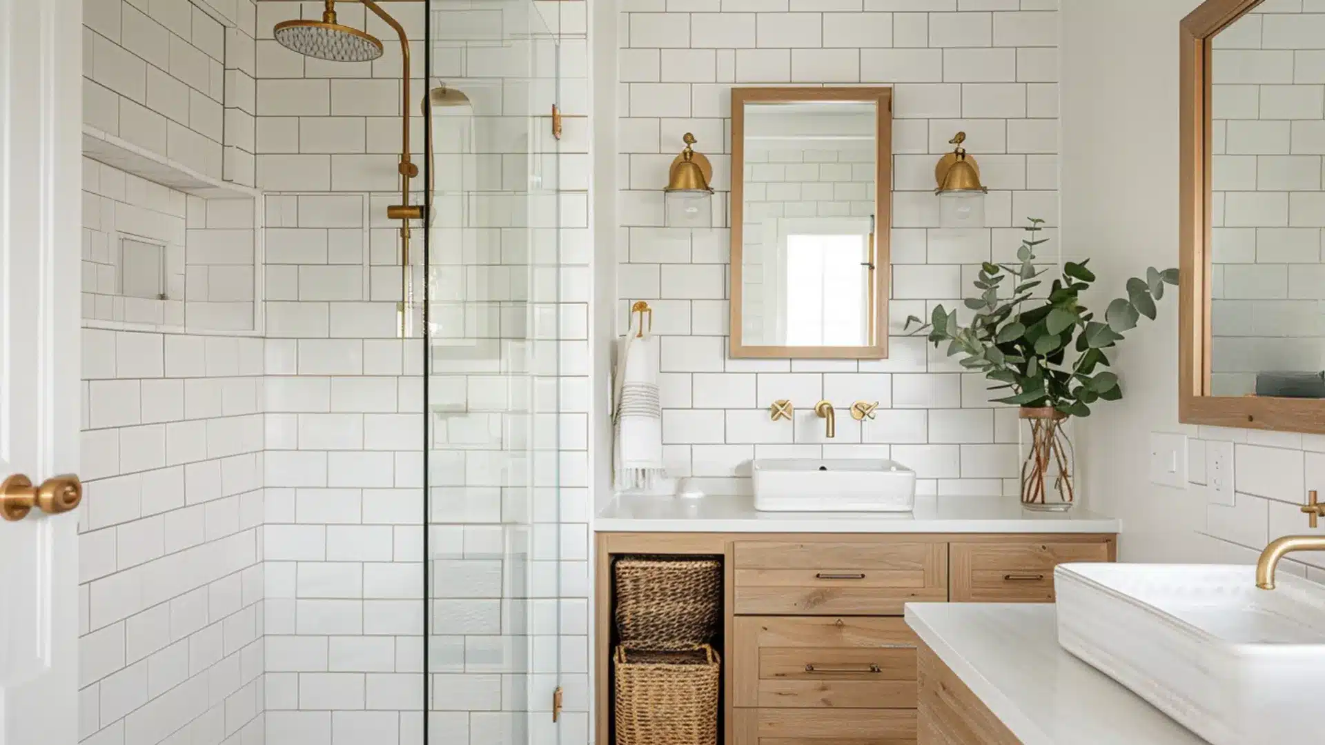 Bathroom with recessed shower niches and frameless glass shower enclosure