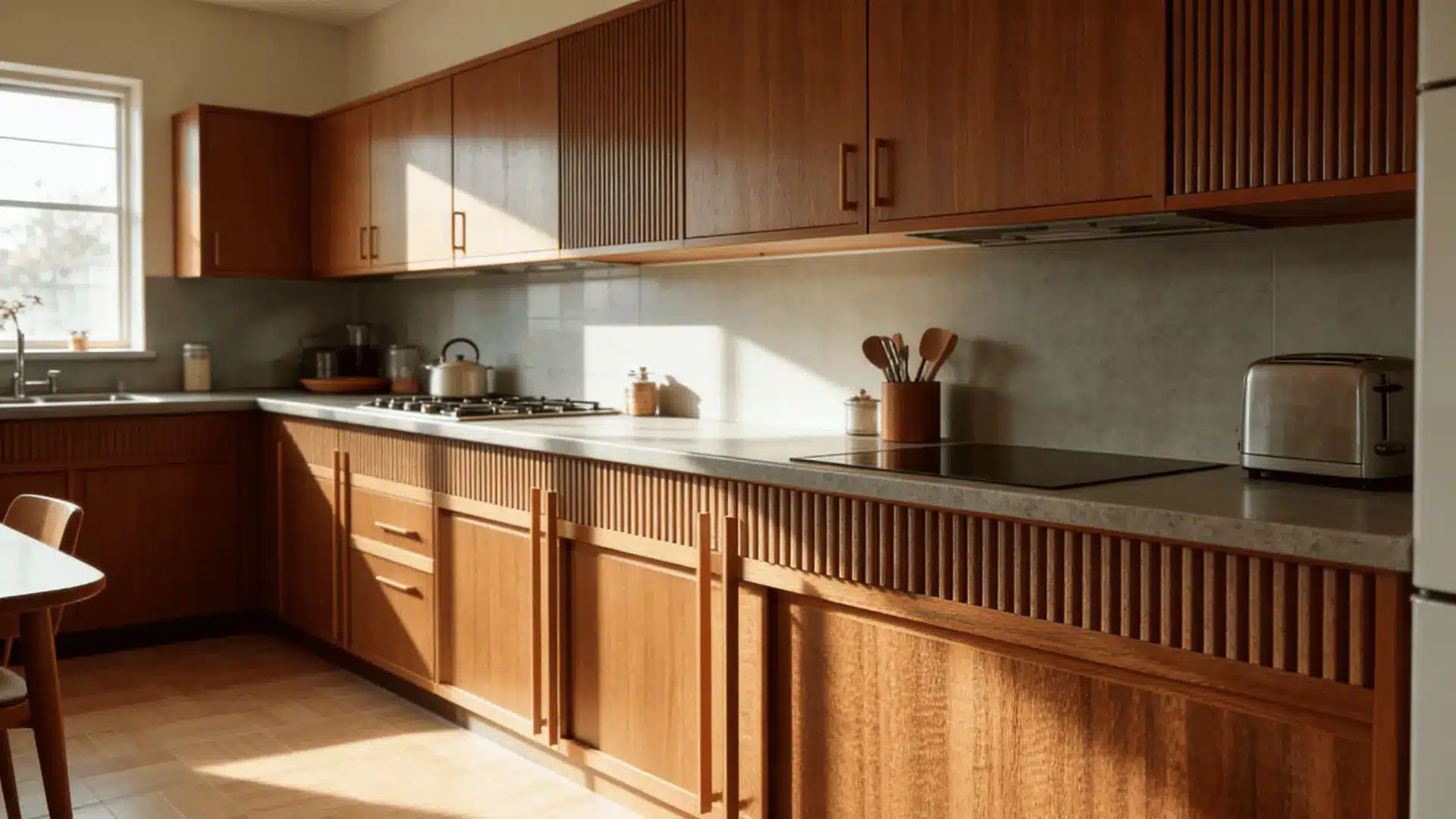 mid century modern kitchen reeded fluted wood cabinet accents vertical texture island front and natural light