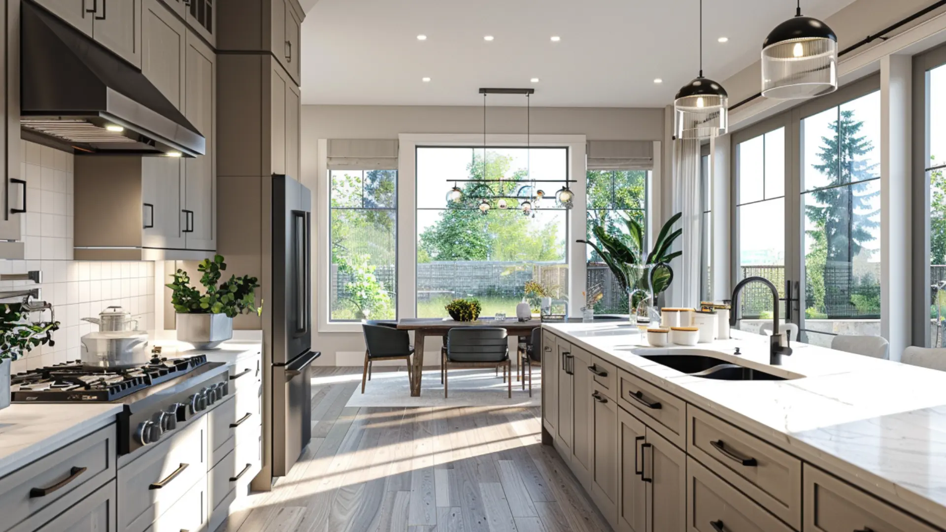Rich mushroom taupe cabinets with matte black handles warm white countertops light oak flooring airy kitchen interior