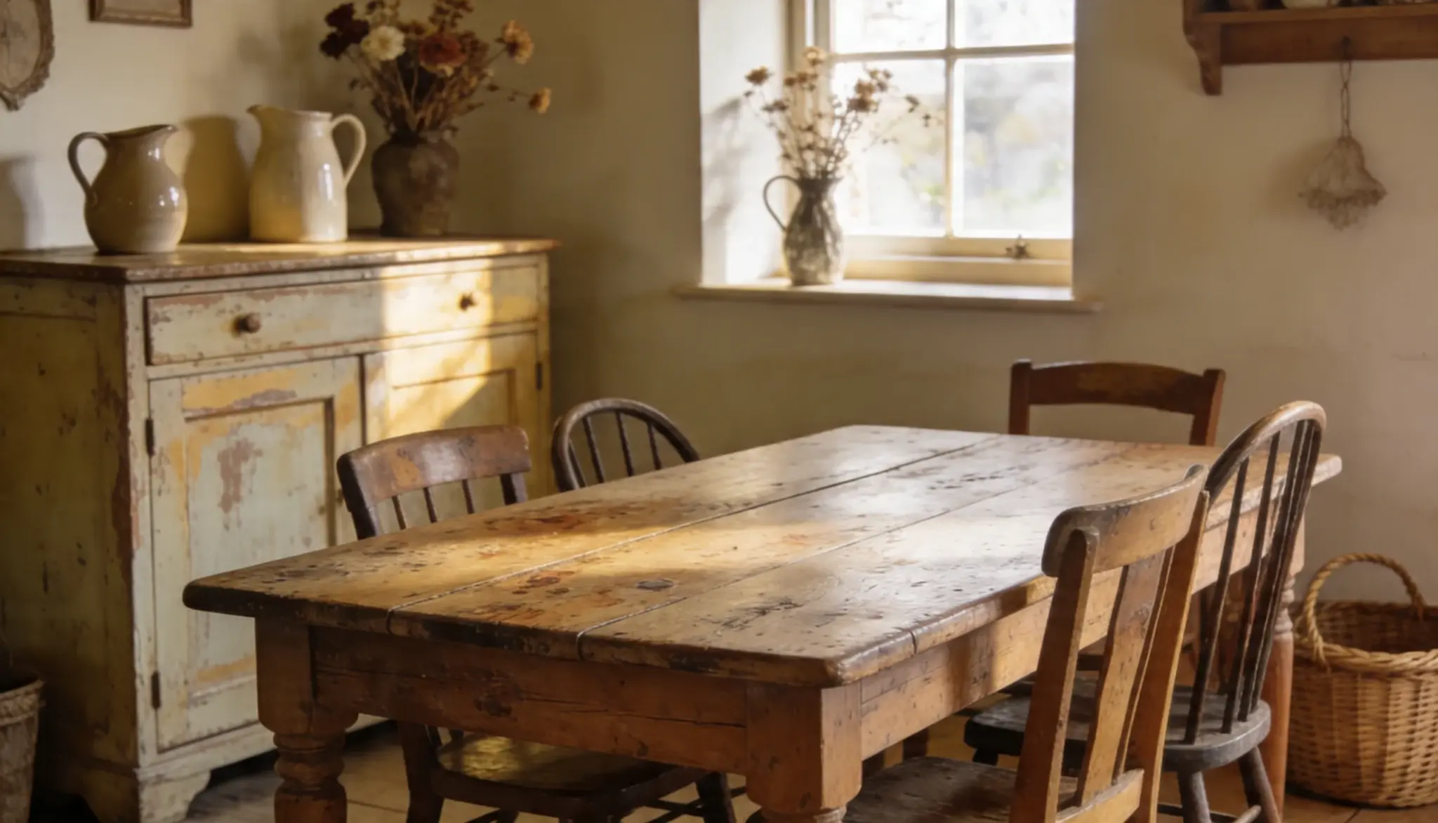 Rustic dining room interior featuring a worn wooden table, distressed painted cabinet, wooden chairs, and natural light streaming through a window.