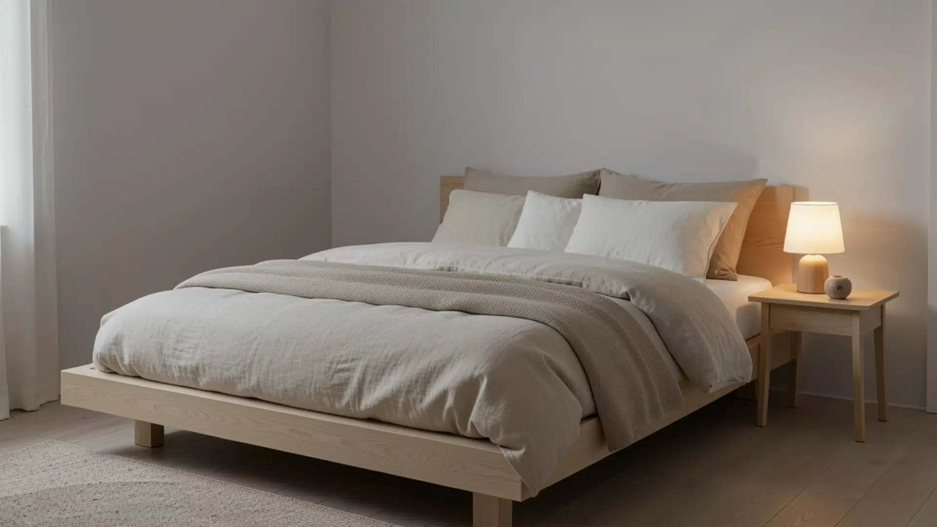 A scandinavian bedroom with neutral toned bedding sits next to a wooden nightstand with a lit lamp