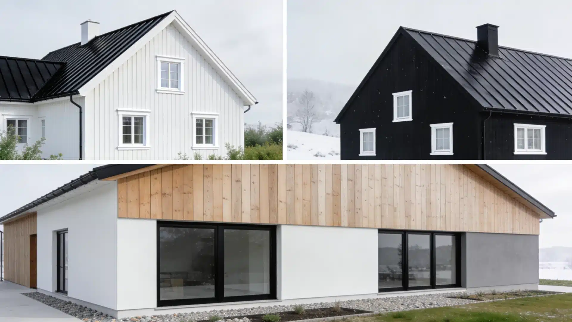 Scandinavian exterior styles featuring white, dark, and mixed wood finishes in a collage style picture
