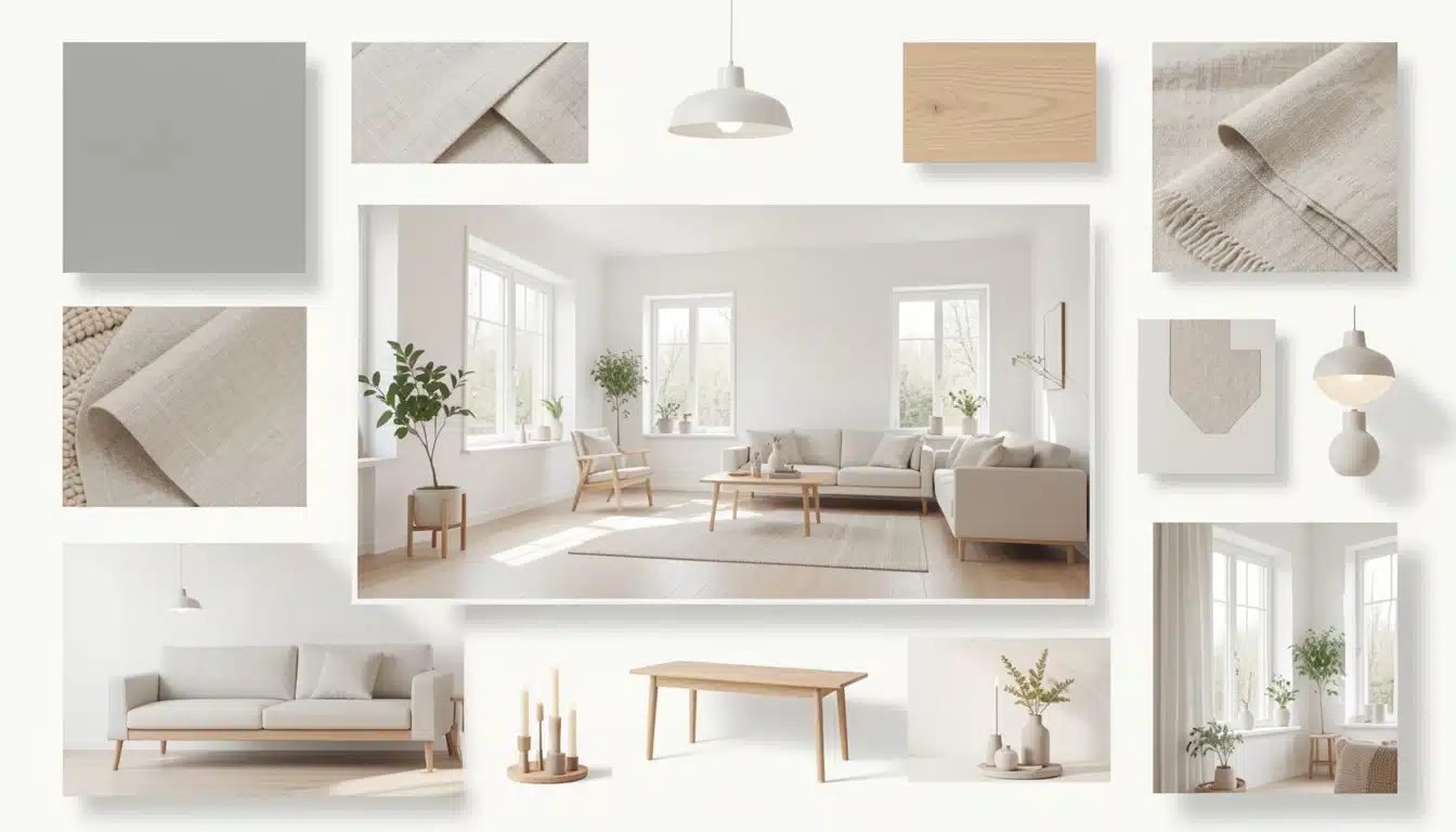 Scandinavian interior design mood board featuring a bright, minimalist living room surrounded by swatches of light wood, gray paint, and natural beige linen fabric samples.