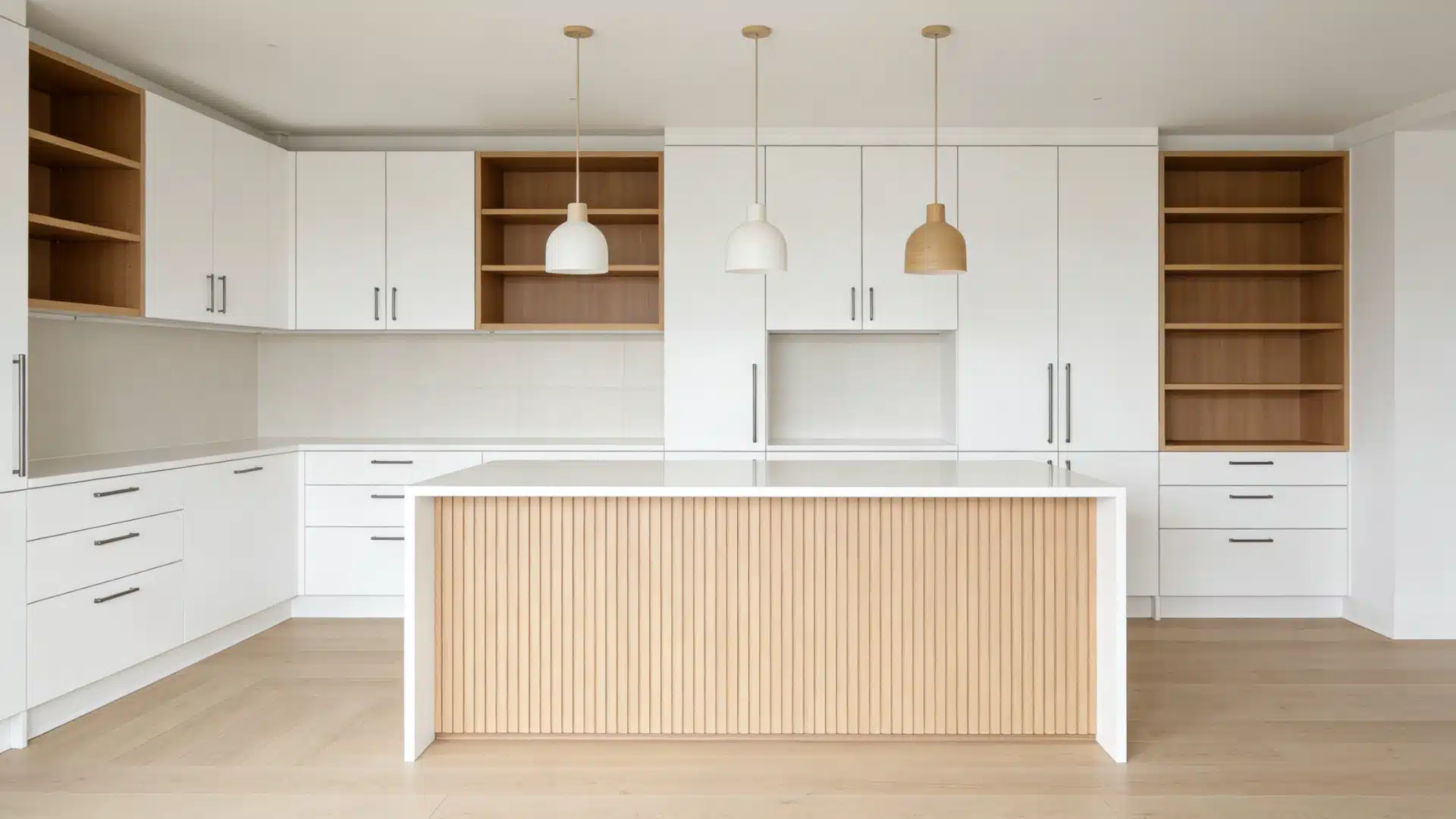 A scandinavian kitchen with a slatted wood island and pendant lighting