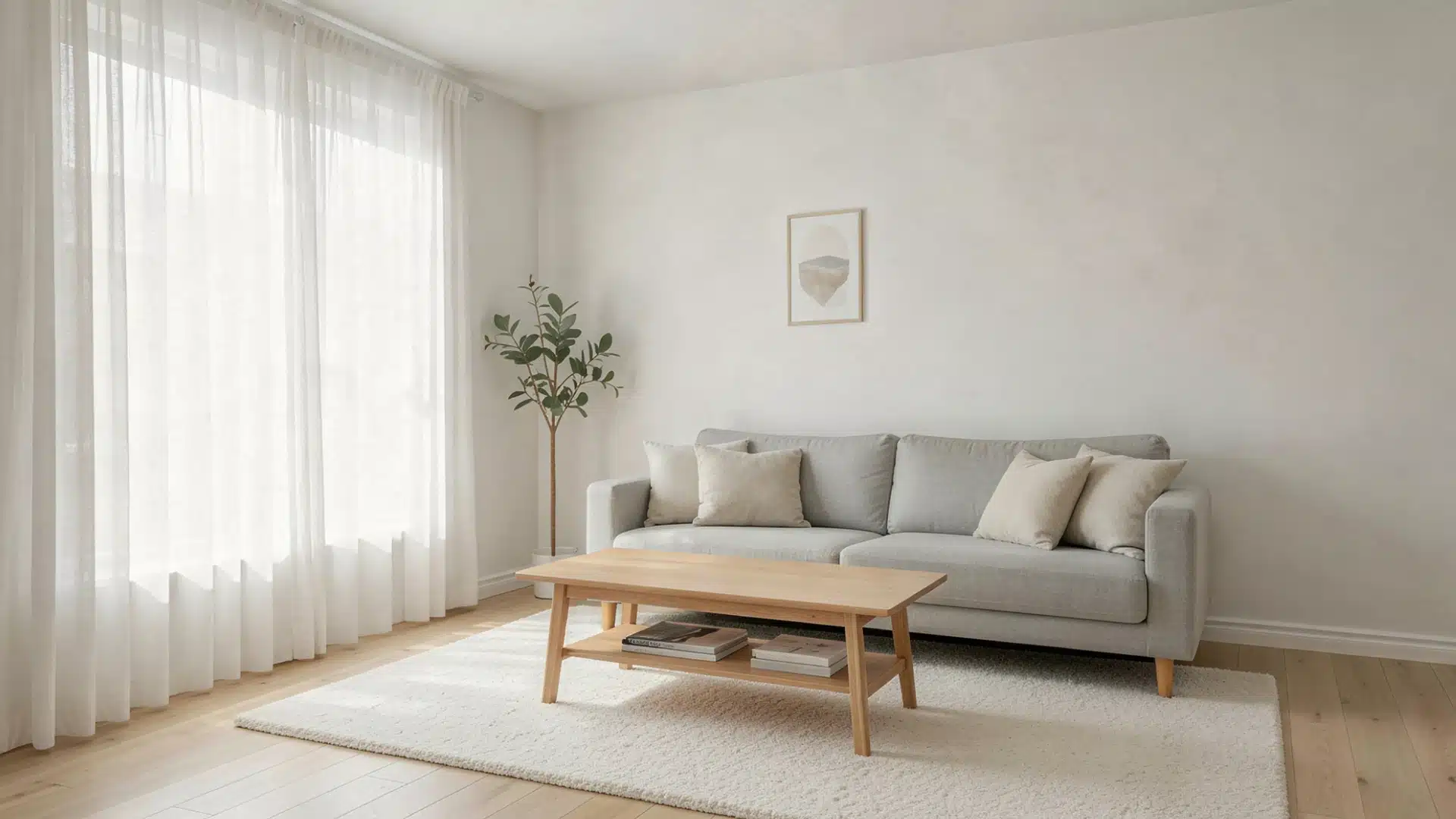 A scandinavian minimalist living room with a light grey sofa, wooden coffee table, and sheer white curtains