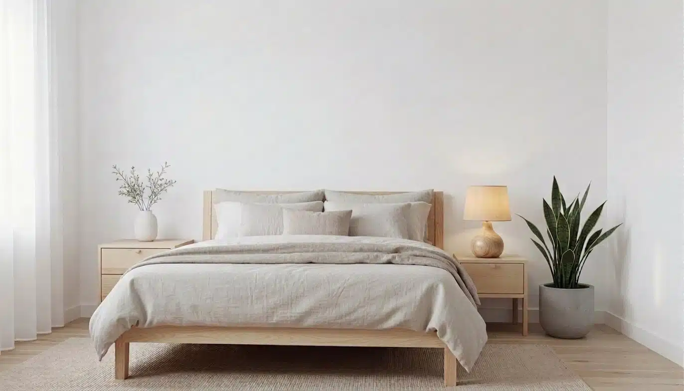 Scandavian neutral bedroom featuring a wooden bed, soft bedding, stylish lamp, and indoor plants for a serene atmosphere.