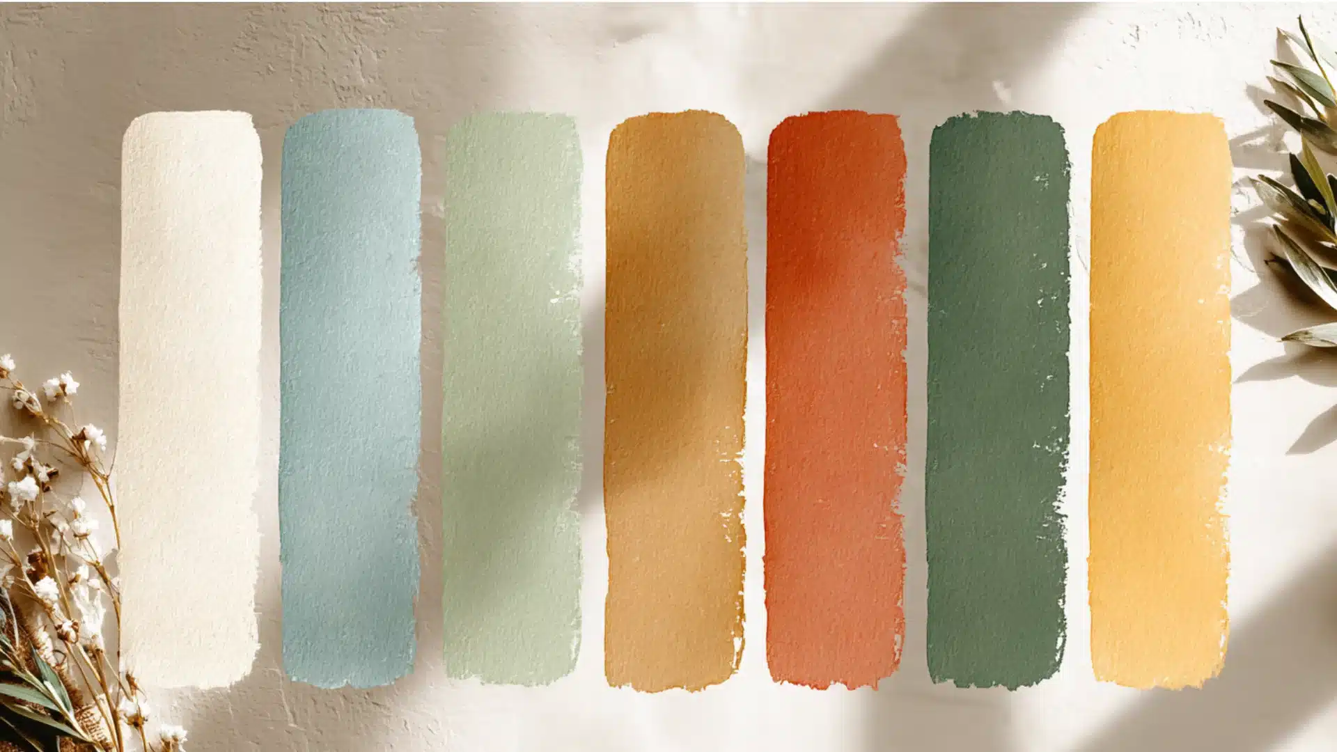 Seven vertical watercolor swatches in cream, pale blue, sage green, warm beige, terracotta, deep forest green, and mustard yellow are displayed against a textured white background with natural light shadows and botan