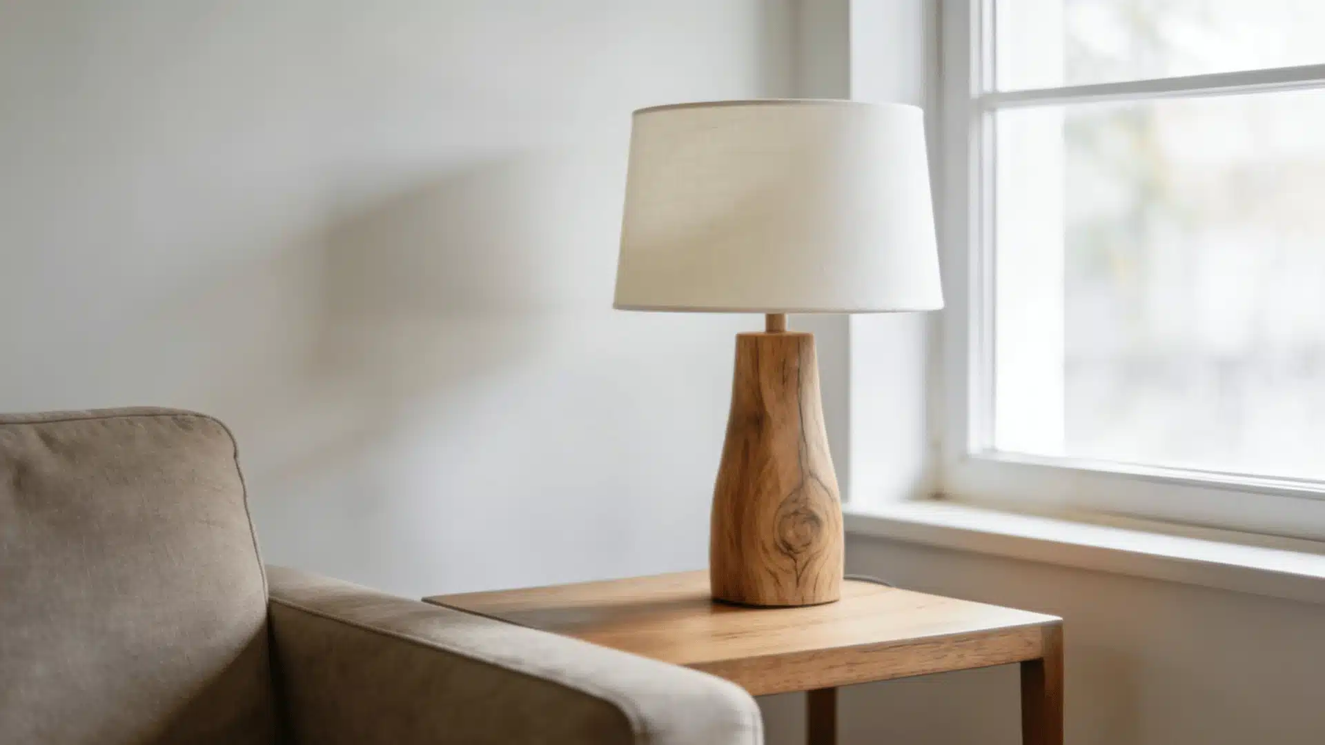 Wooden side table with a potted plant and lamp next to an armchair