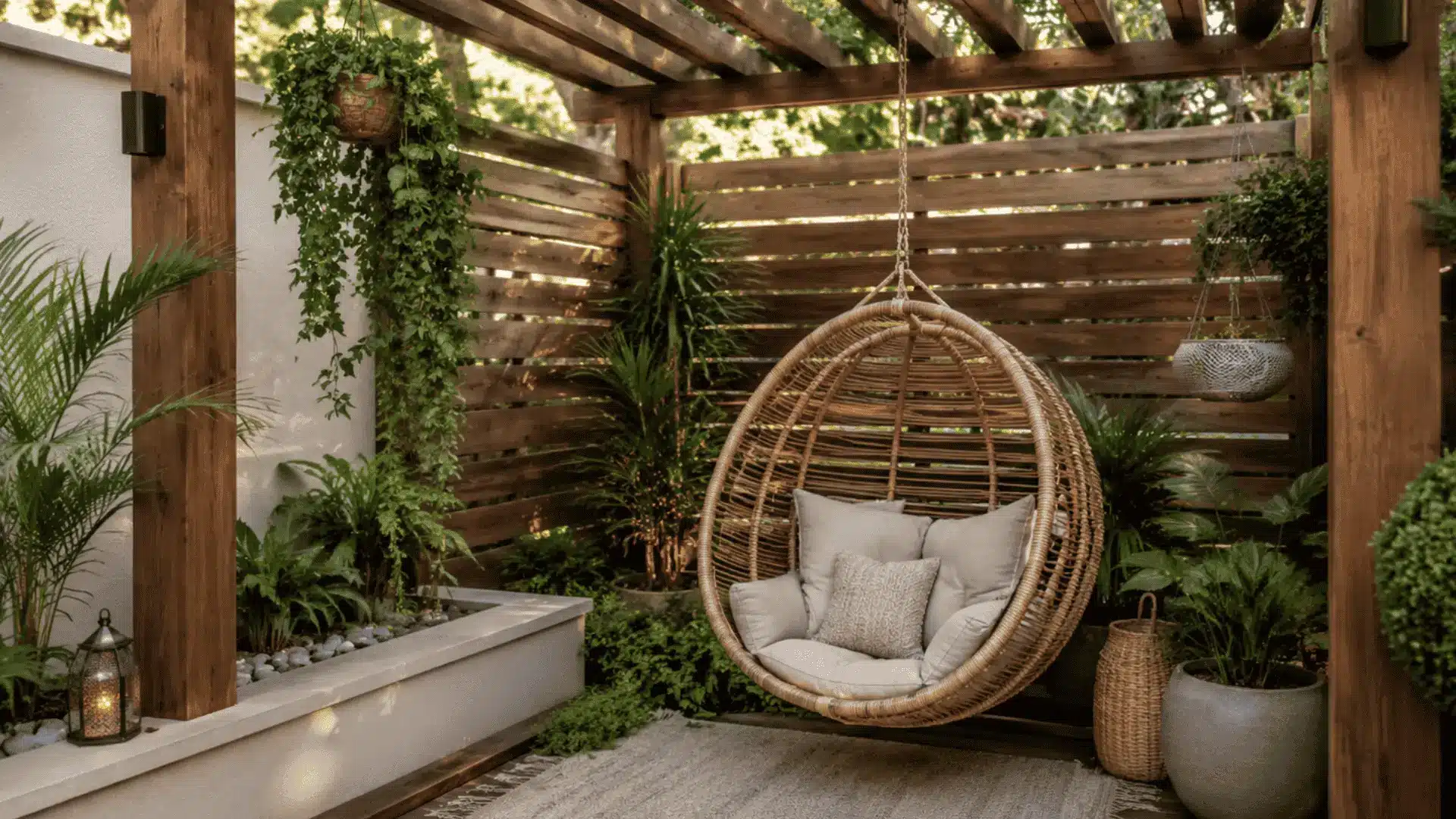 Hanging swing chair under wooden pergola with greenery and peaceful backyard seating area