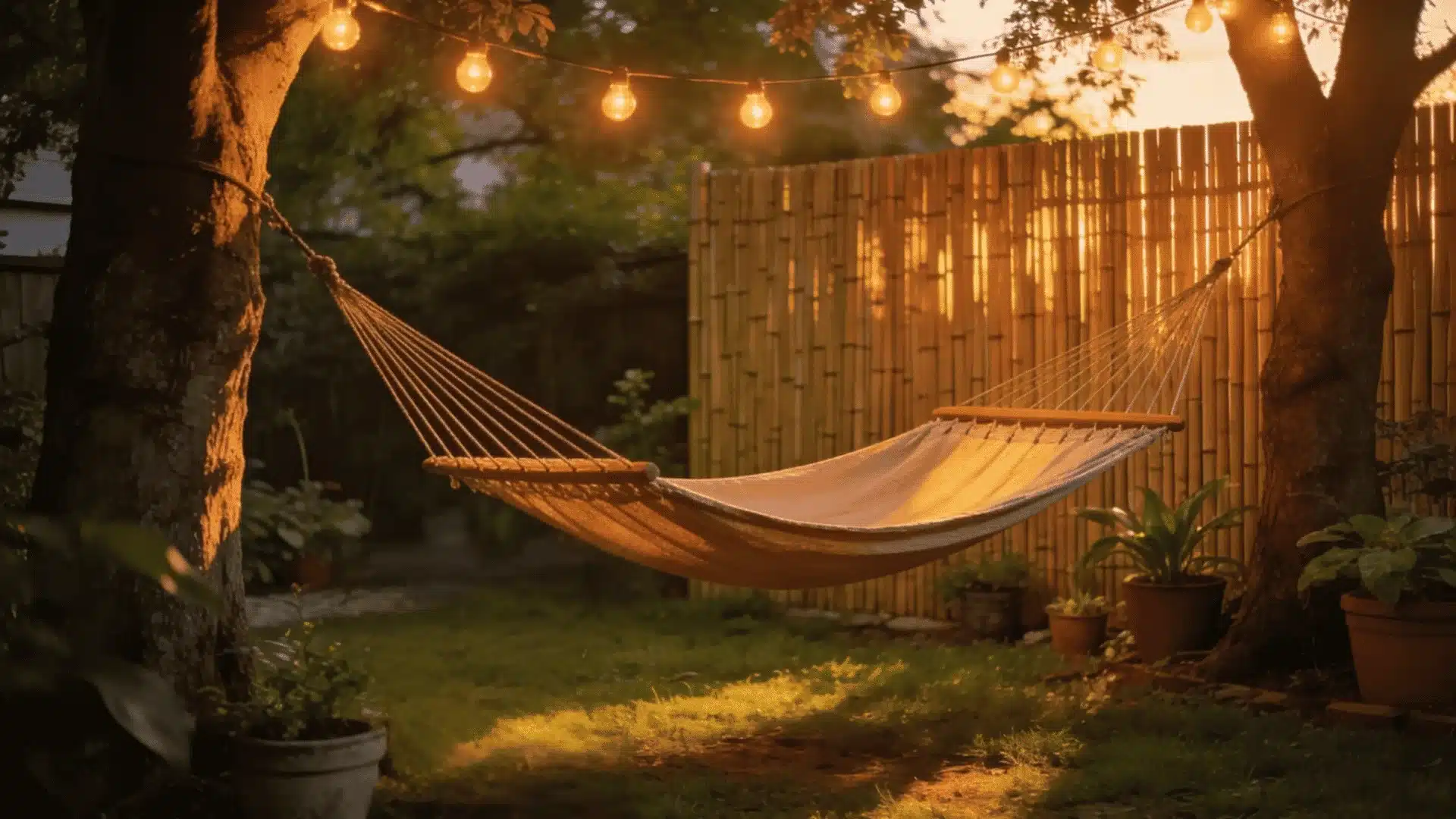 Backyard hammock hanging between trees with string lights and bamboo privacy screen at sunset