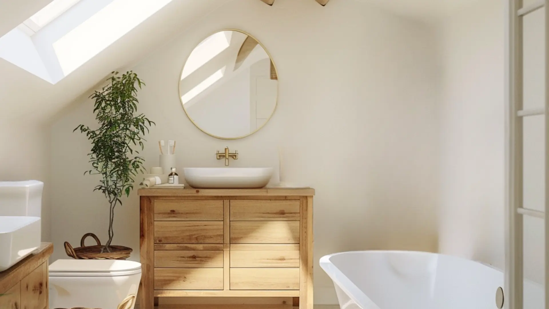 Bright bathroom with skylight natural sunlight and warm wood vanity