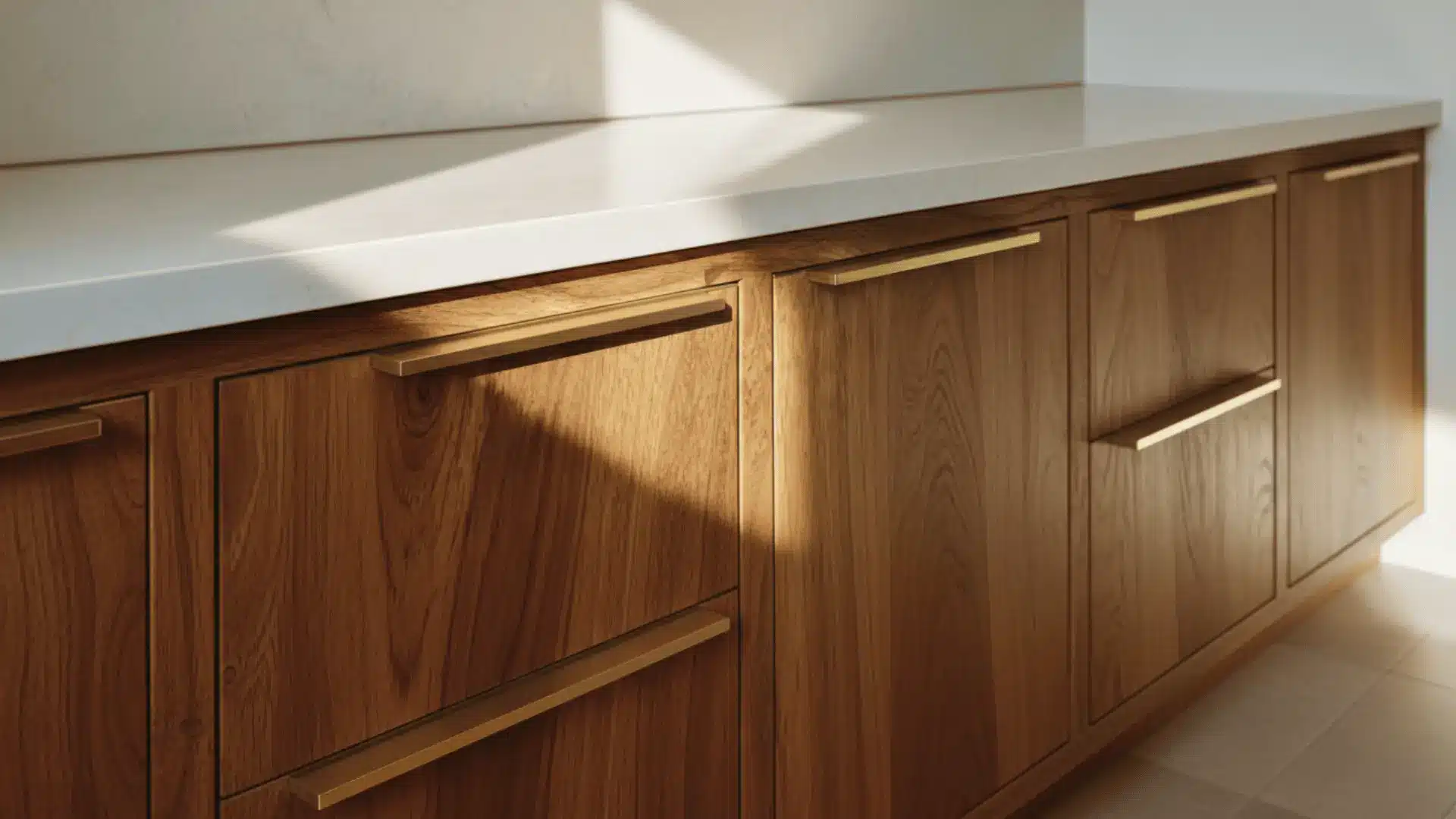 mid century modern kitchen slim brass edge pulls flat cabinet fronts and warm wood tones