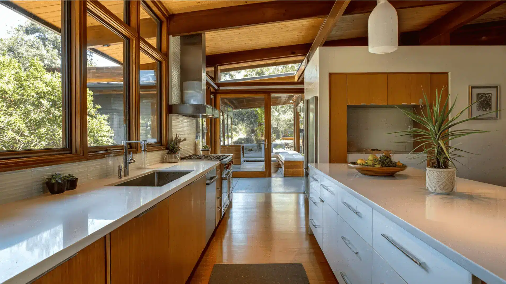mid century modern kitchen large window over sink natural light greenery view and slim frame
