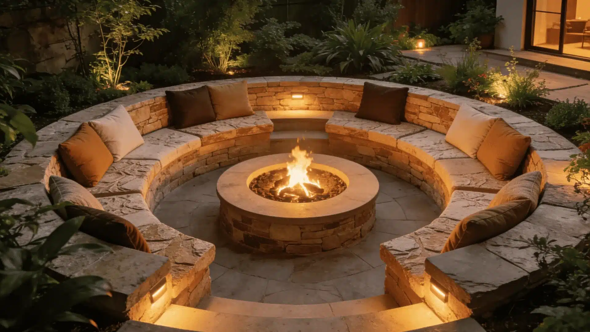 Sunken backyard fire pit with curved stone seating and cozy evening outdoor atmosphere