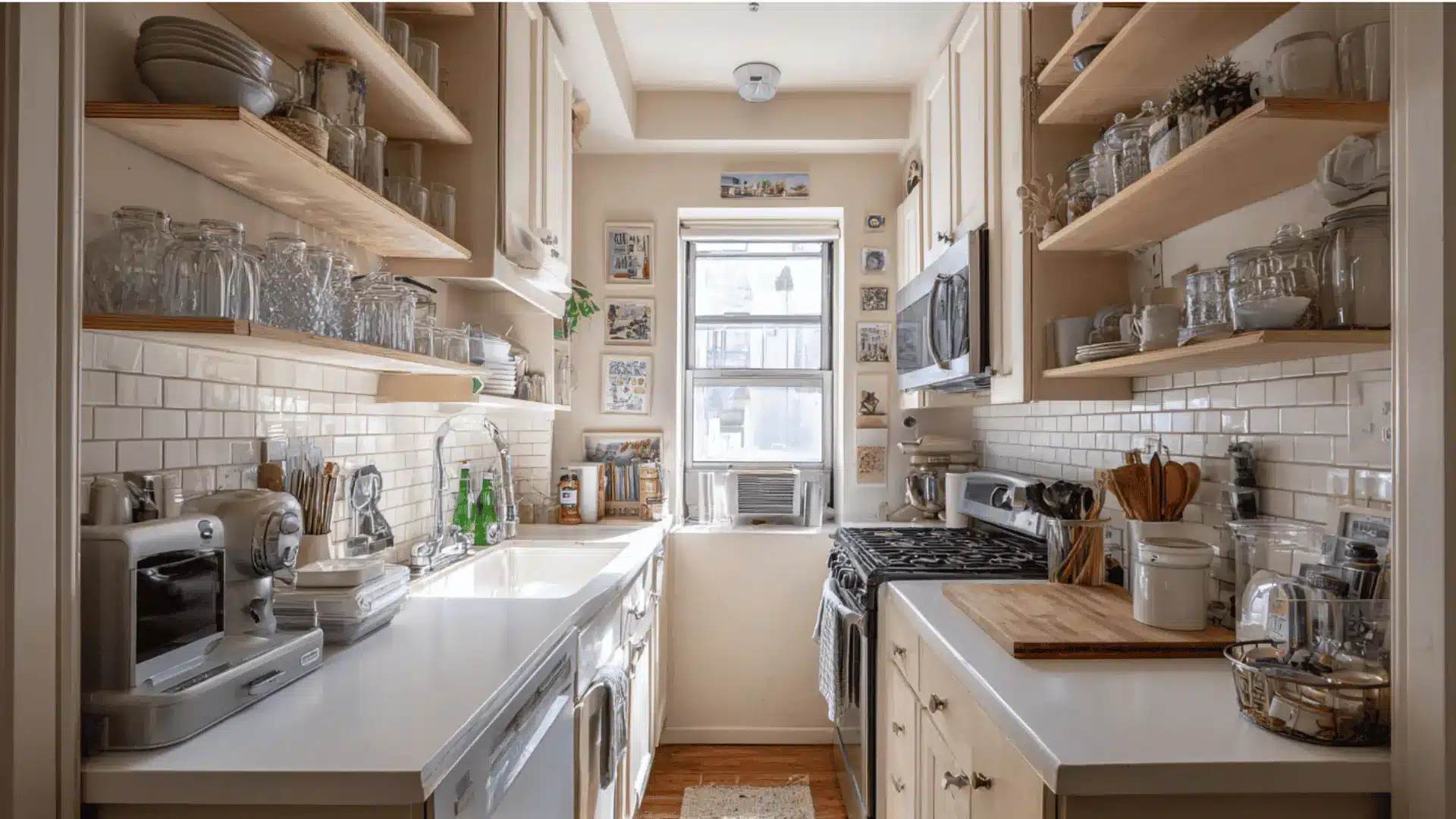 small <echighlighted>u shaped kitchen</echighlighted> open shelving subway tile white cabinets and compact appliances
