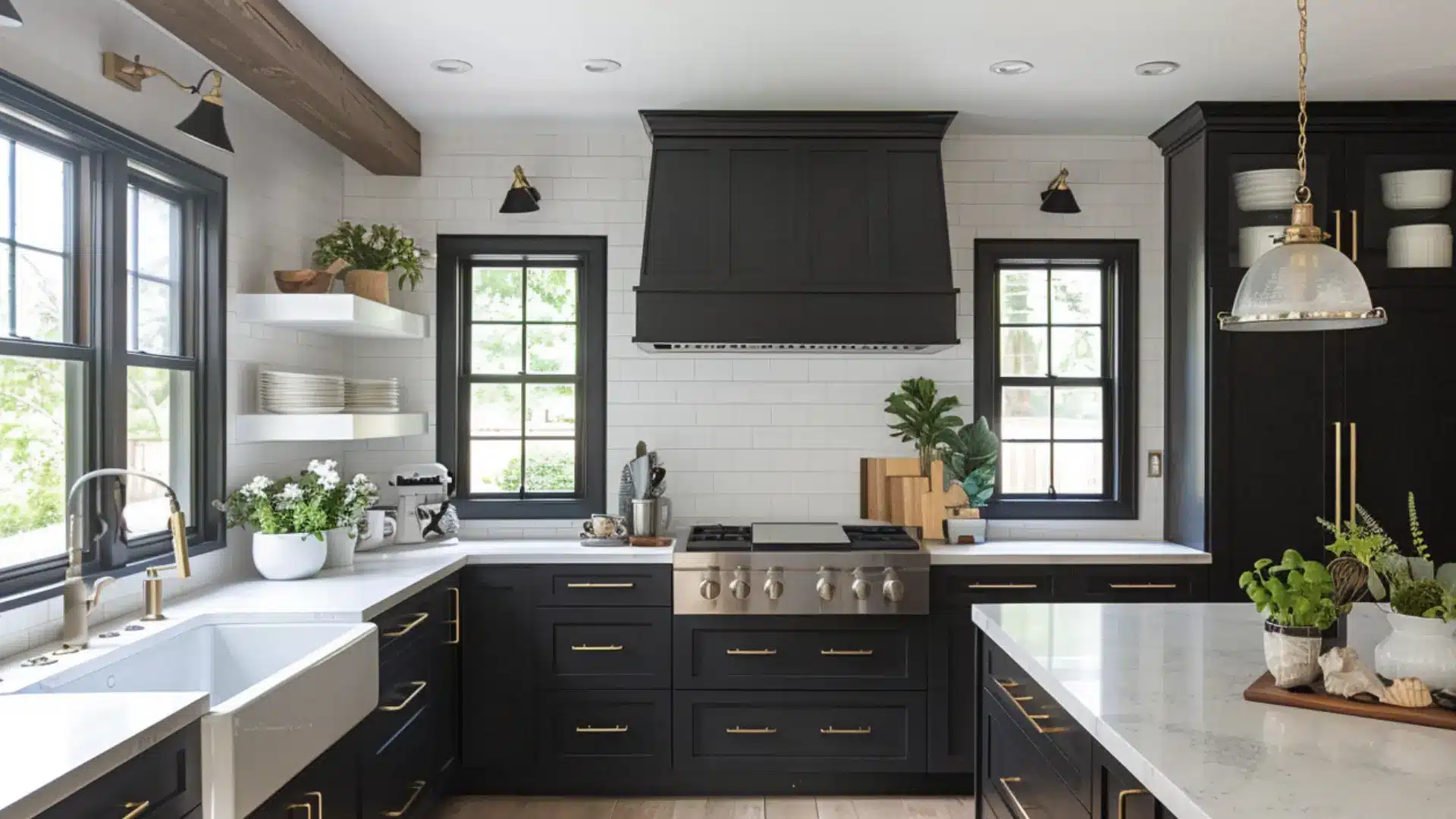 Soft black matte cabinets warm white countertops natural wood accents brass hardware bright layered modern kitchen