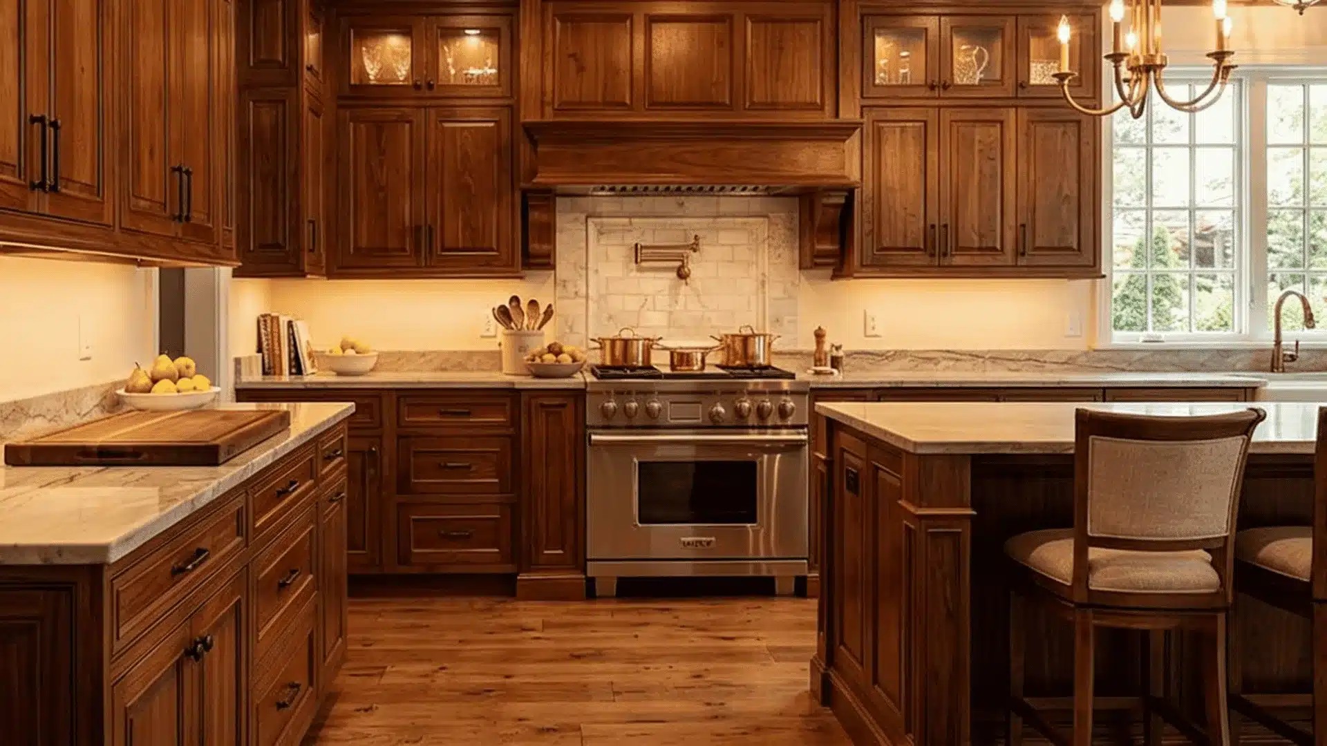 Luxury walnut kitchen with stained wood cabinets, marble counters, island, and pro stove