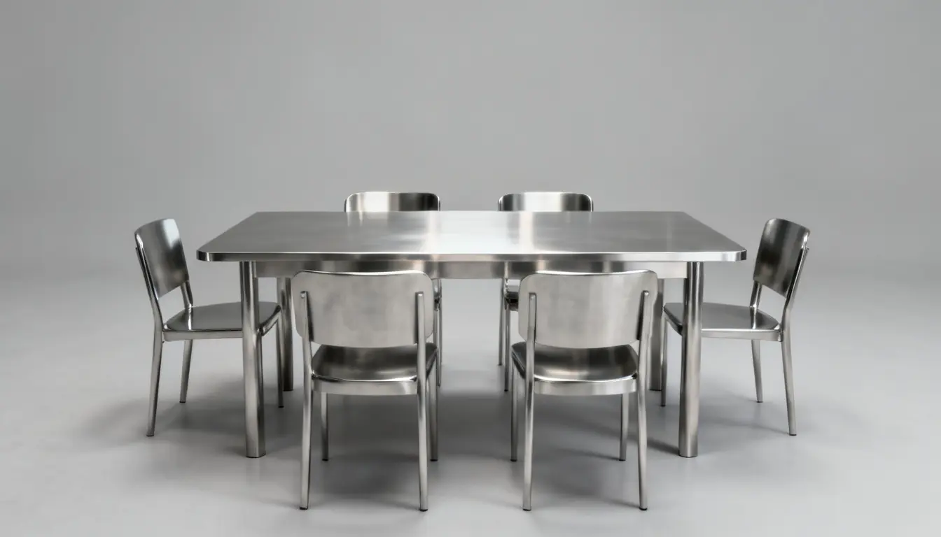 A modern metal dining table with six matching chairs arranged around it.
