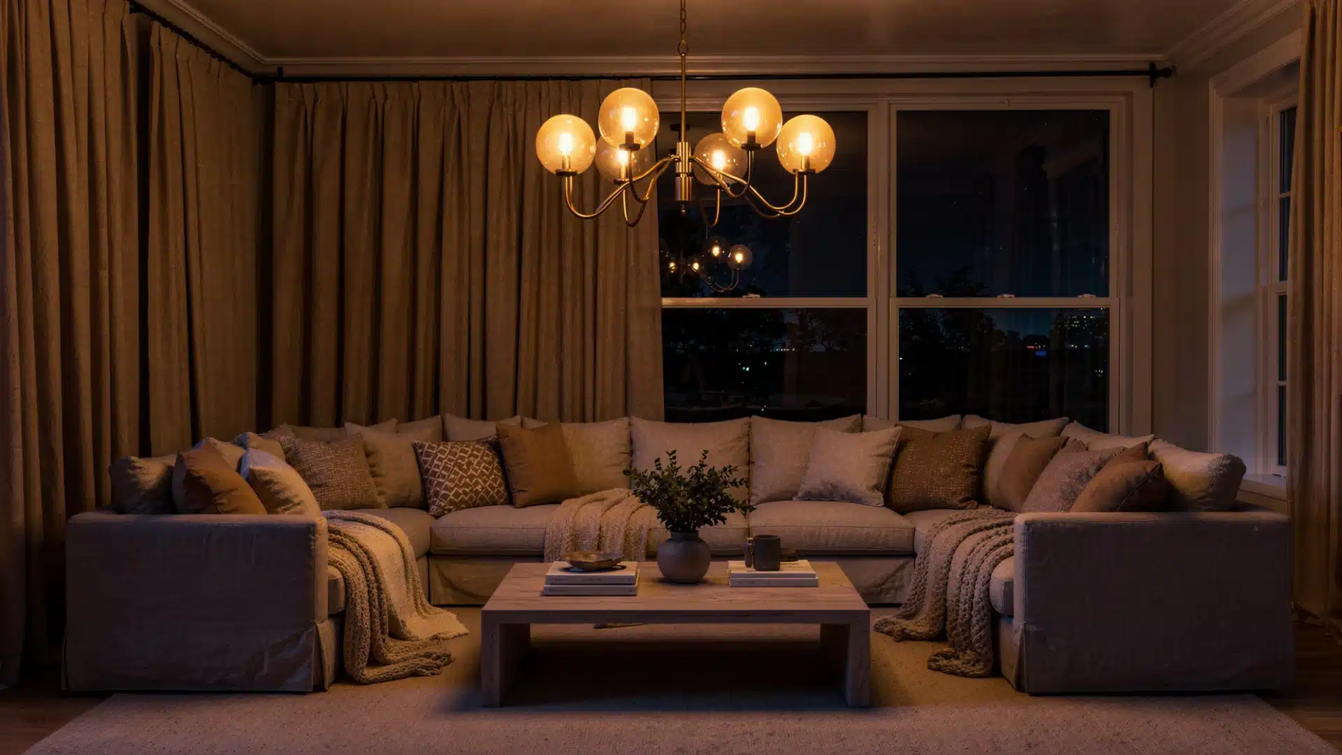 McGee style living room featuring a sectional sofa, warm lighting from a brass chandelier, and dark windows
