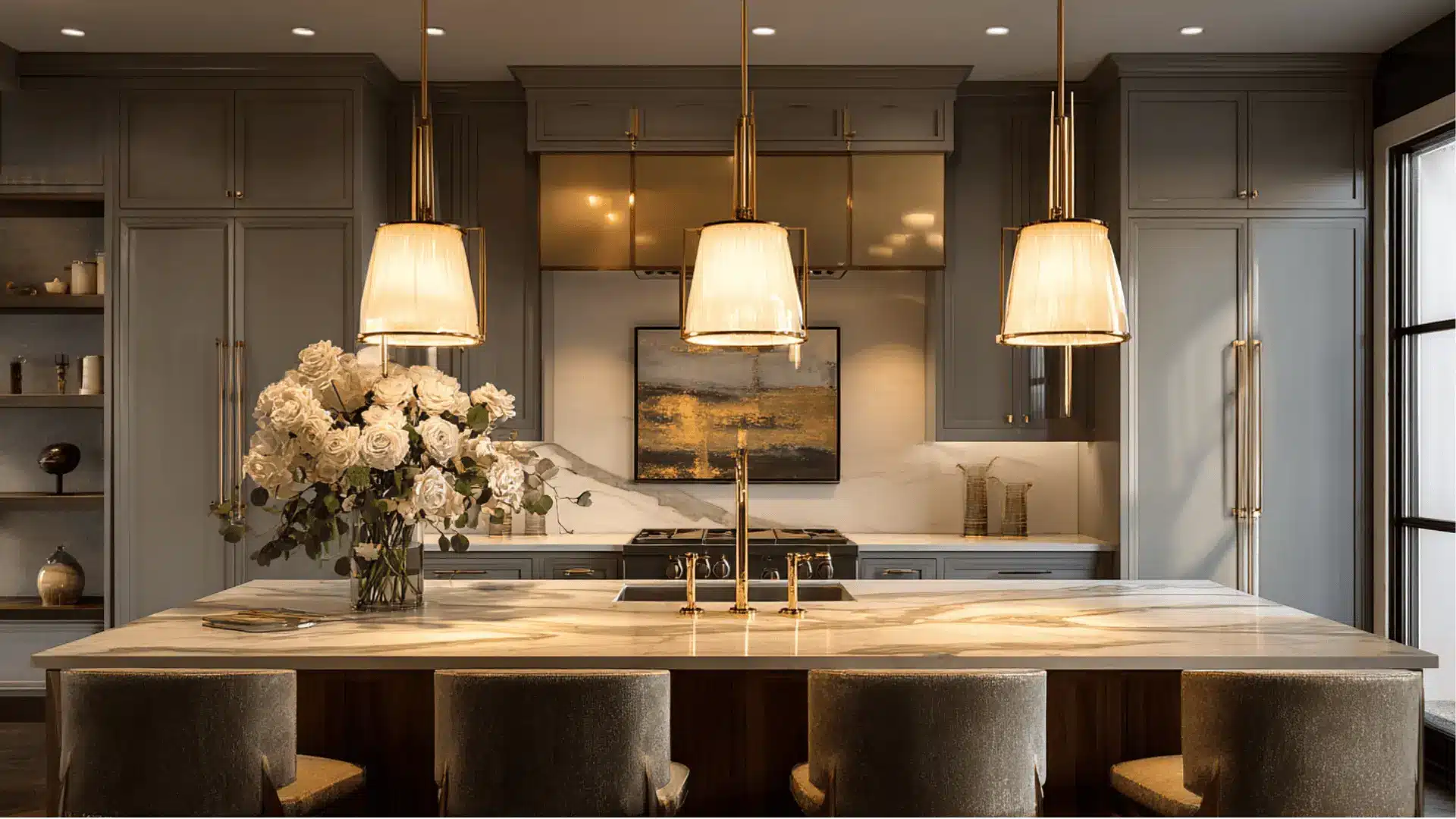 mid century modern kitchen statement pendant trio over island globe fixtures brass finish and symmetrical layout