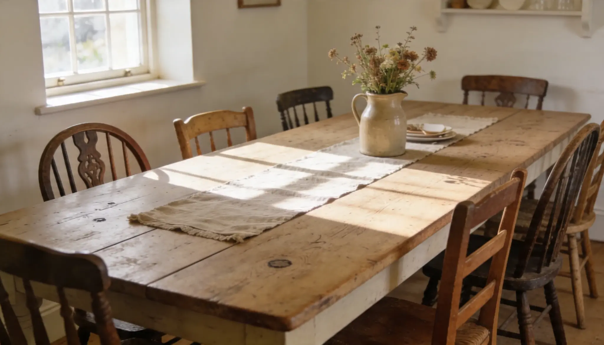 Sunlight streams across a rustic wooden farmhouse table surrounded by mismatched antique Windsor chairs in a bright, whitewashed room.