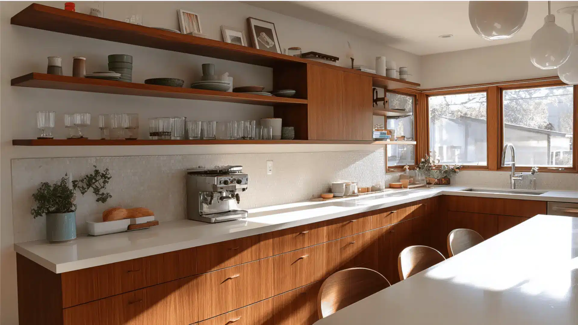 mid century modern kitchen teak floating shelves ceramic display glassware and warm wood tones