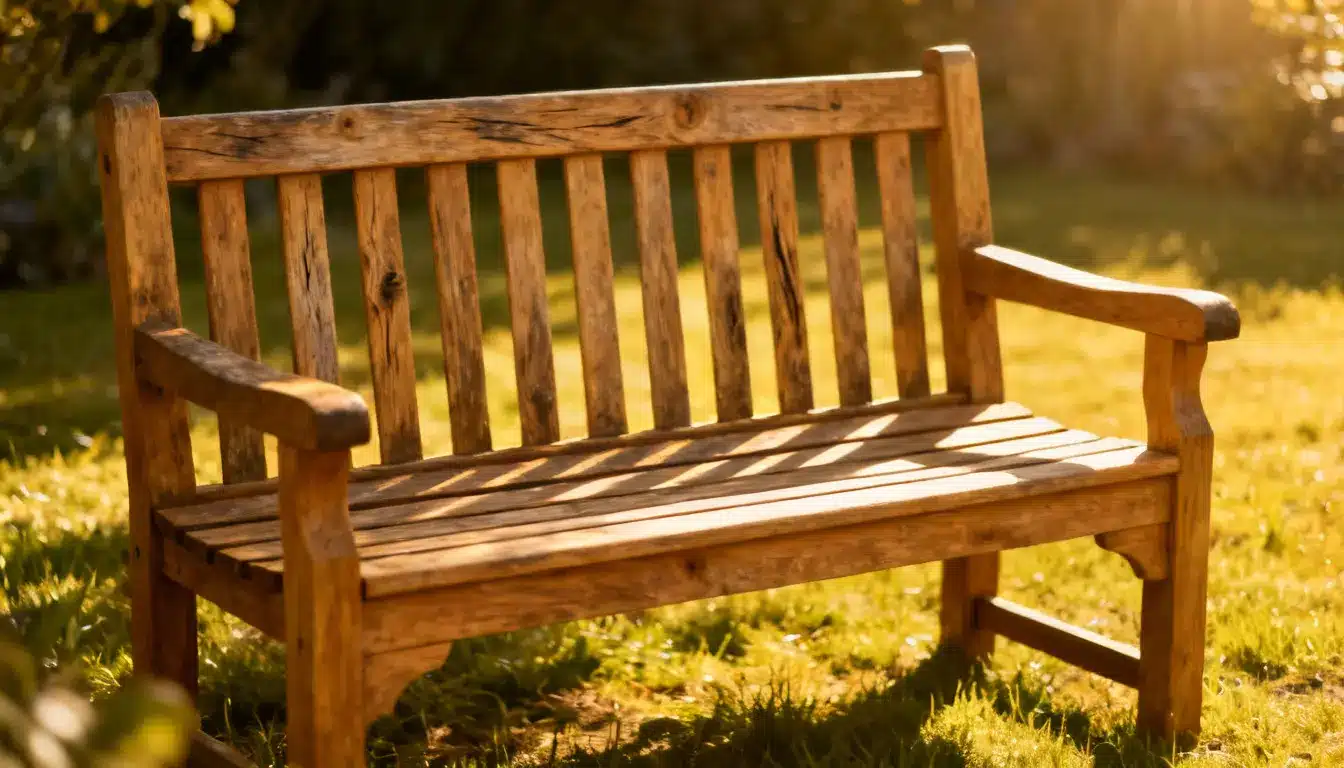 Wooden park bench in a grassy area bathed in warm sunlight.