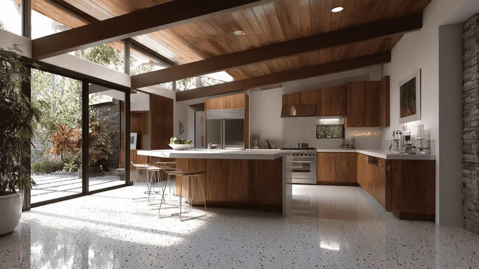 mid century modern kitchen terrazzo flooring neutral aggregate cream tones and warm wood cabinetry