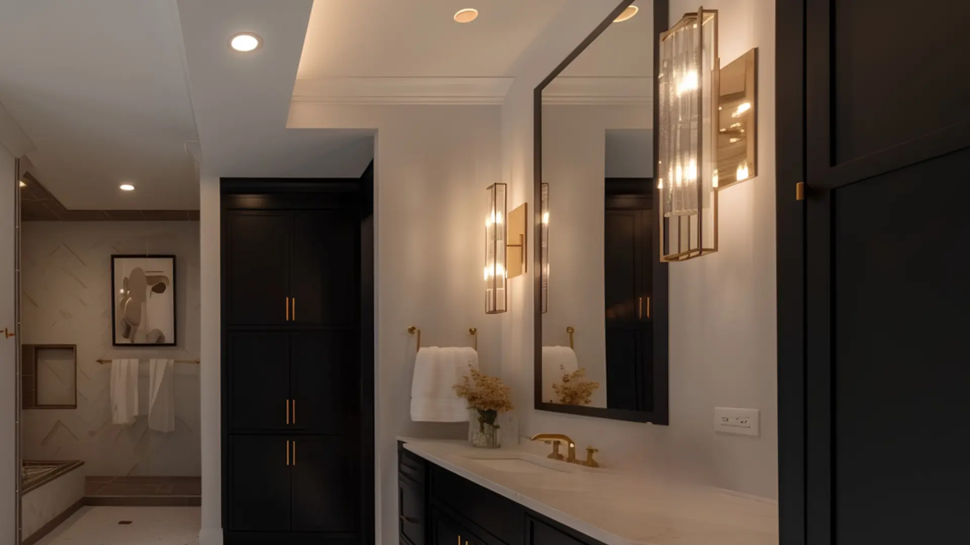 Bathroom with layered textured lighting and warm modern farmhouse design