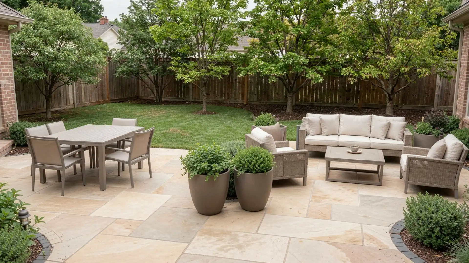 A backyard patio with a dining set and outdoor living room furniture surrounded by greenery.