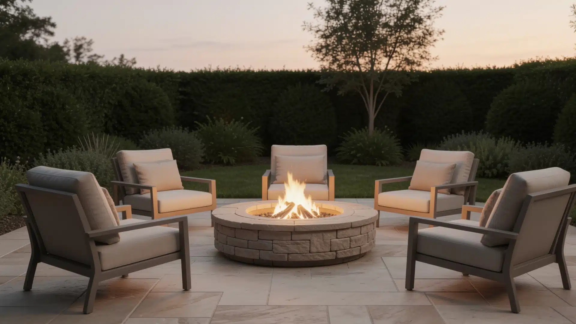 Five chairs surround a stone fire pit with a fire burning, set on a paved patio in a backyard at dusk