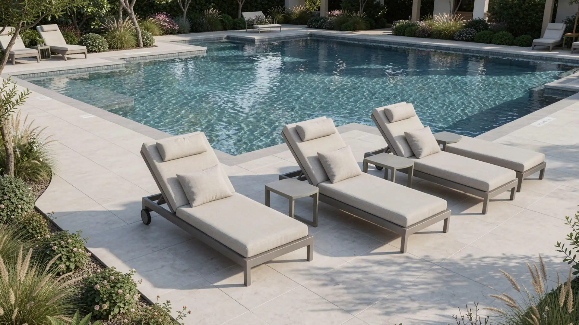 Three beige chaise lounges with small side tables sit on a tiled patio beside a large, blue swimming pool